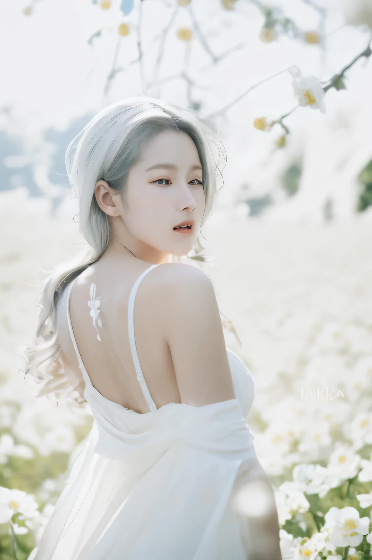 high resolution,RAW photo,photorealistic,skinny,shiny skin,detailed skin,gleaming skin,deep shadows,shading,
1 girl,white hair,flying hair,small breasts,closed eyes,
((white shirt)),
(Wind-effect:1.2),
(white flowers,white flower field,),
soft lighting film grain,film overlay,glowing effect,dim light,