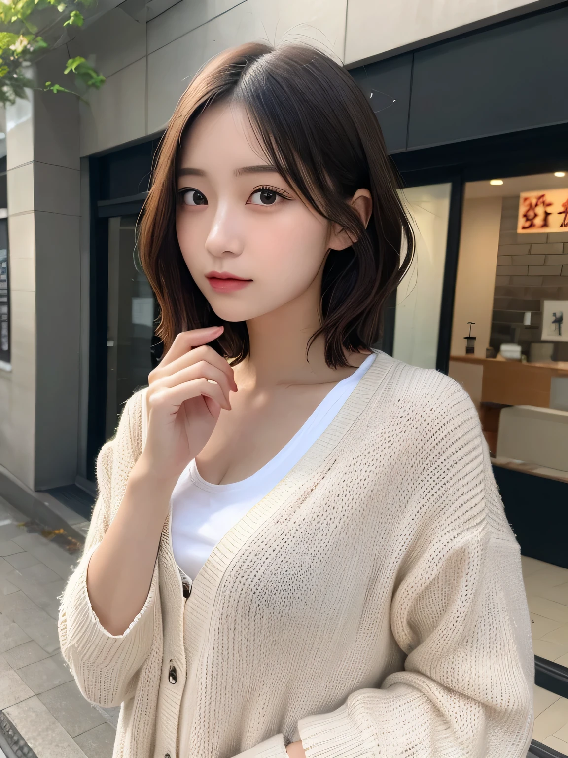 Detailed details,、High resolution、high quality、perfect dynamic composition、detailed and beautiful eyes、short hair、small breasts、natural color lip、Kamimei、Shibuya Ward、20 year old girl、1 person、transparent skin、shining hair、table top、最high quality、finely、High resolution、8K、correct state of the human body、random pose、sculpture model pose、one piece、cardigan、Tshirt、hair blowing in the wind、