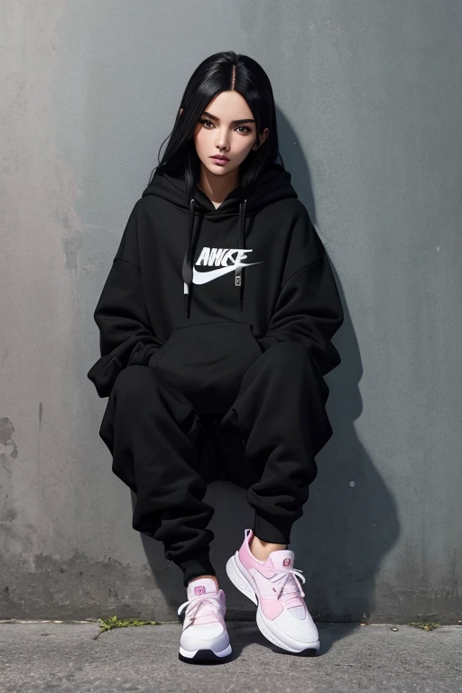 Ateenage girl leaning on the wall wearing a black hoodie with white joggers,and black nike shoes,very very long black hair,and green eyes,detailed face,pink lips.her nose is perfect.everthing she is wearing is baggie.shbaggie.she lolooks really hot big  