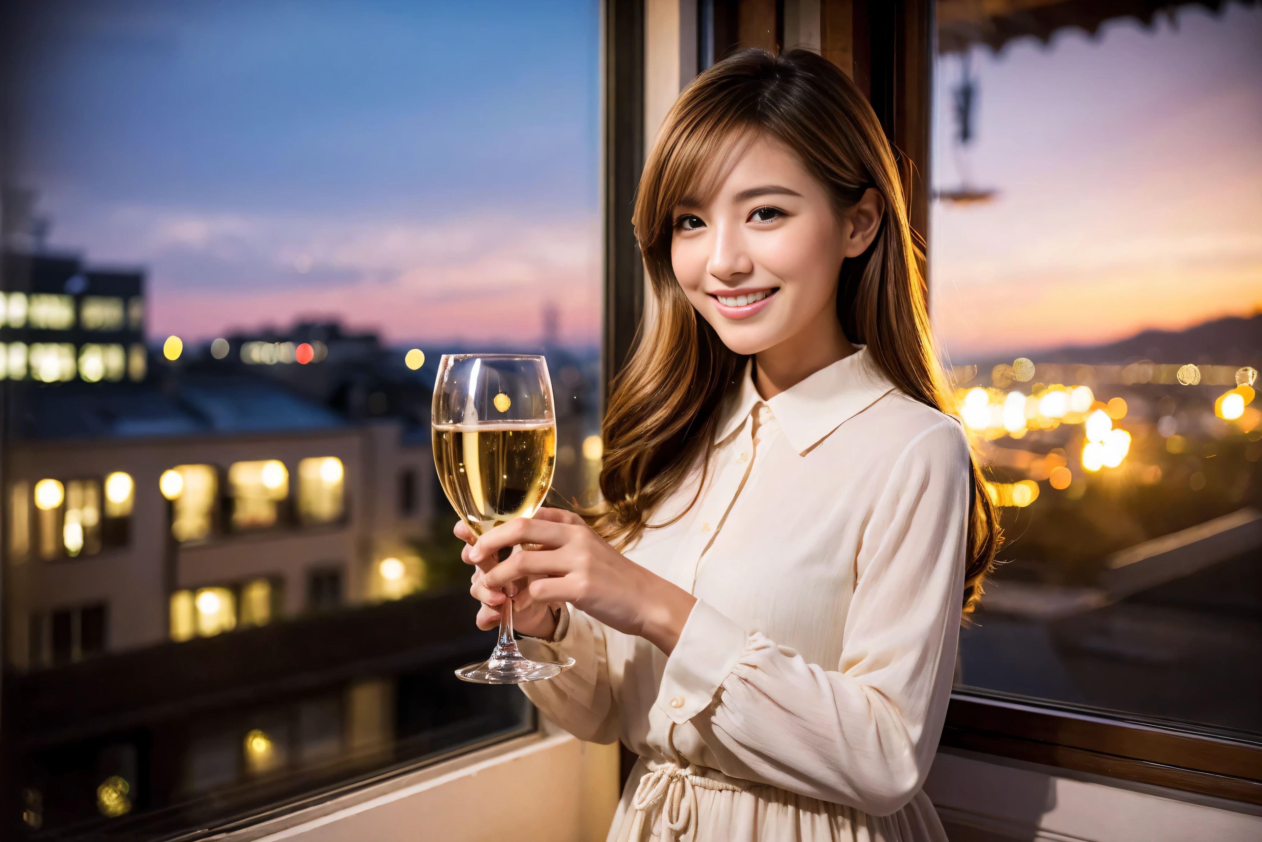 highest quality, ultra high resolution, genuine, photogenuineistic, 8K, break, Spectacular view of the sunset sky and clouds、Amazing mountain views、A lovely woman with a smile、The woman&#39;s face is bright、fox face、lady、Wine Party、wine bottle、Champagne、sparkling wine、red wine、White wine、hors d'oeuvre、Italian food、2 beauties、white skin、brown hair、shortcut、(42 years old), 38 years old, attractive beauty、Super fashion model, Japanese, (full body:1.4), break, Slim body、A bright smile、Slim beauty、highly detailed hair, shiny light brown hair, detailed face, highly detailed eyes, brown eyes, fine skin, (white skin), lip details, (smile, drunk), Natural light,long sleeve shirt、winter fashion、dress、Japanese、Englishman、Dutch、German、Belgian、Italian、French,Pretty Woman 1, (slim face), (Because I&#39;m slender), (brown hair), (shortcut), cheeks turn a little red, A beautiful and detailed night view spreads out outside the window.........., restaurant, sitting in a wine glass, At night, in a prominent place (from the waist up) nova frog style, actress, model, Upper body, White wine, slim, wine glass, very beautiful night view, wine glass placed in the middle, Smile, (smile: 1.15), beautiful small eyes, 
