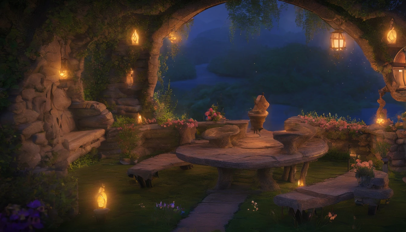 midnight, The terrace of the fairy house, the terrace is made of natural materials, and a lot of wood and stone are used to create a warm atmosphere in harmony with nature, doors and windows leading from inside the house are installed to allow free access between the terrace and inside, many plants and flowers are placed on the terrace, comfortable chairs and hammocks are placed to relax while unwinding, and tables and benches are also installed, One-person viewpoint, Super Detail, high details, High quality, 8K