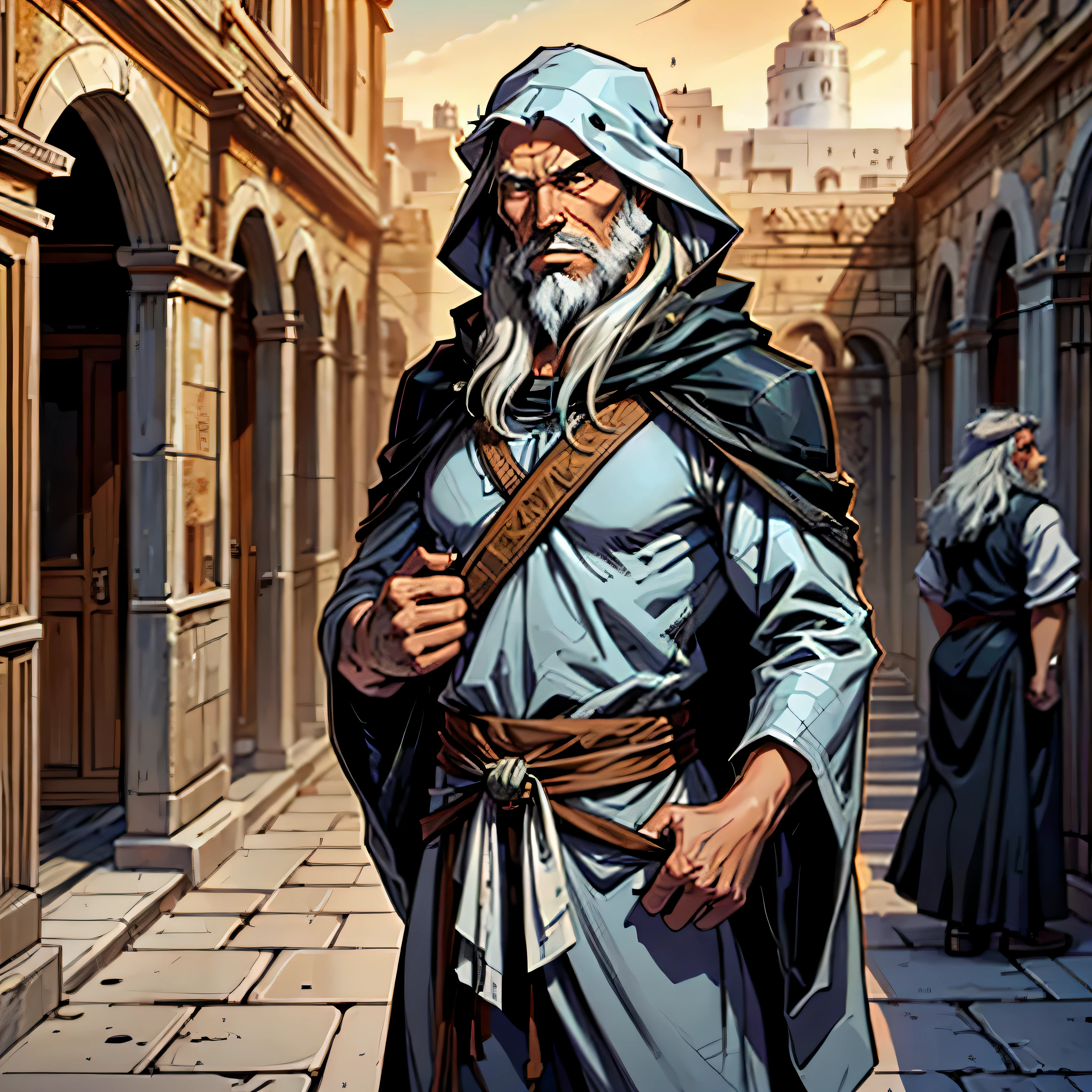 best quality image, man 50 years old, Hebrew prophet, long gray hair, with a cloak over his head, thick beard, wearing animal skin clothing
  Hebrew, with nothing in his hands, thin face, look expressing great sadness, standing in the middle of a courtyard, biblical style, Hebrew
