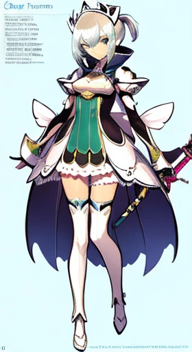 (((Best Quality))) , ((full body)), female, reference sheet, solo, (white background), holding staff or sword, gauntlets, thigh high, blue, orange, green, violet, brown, white,