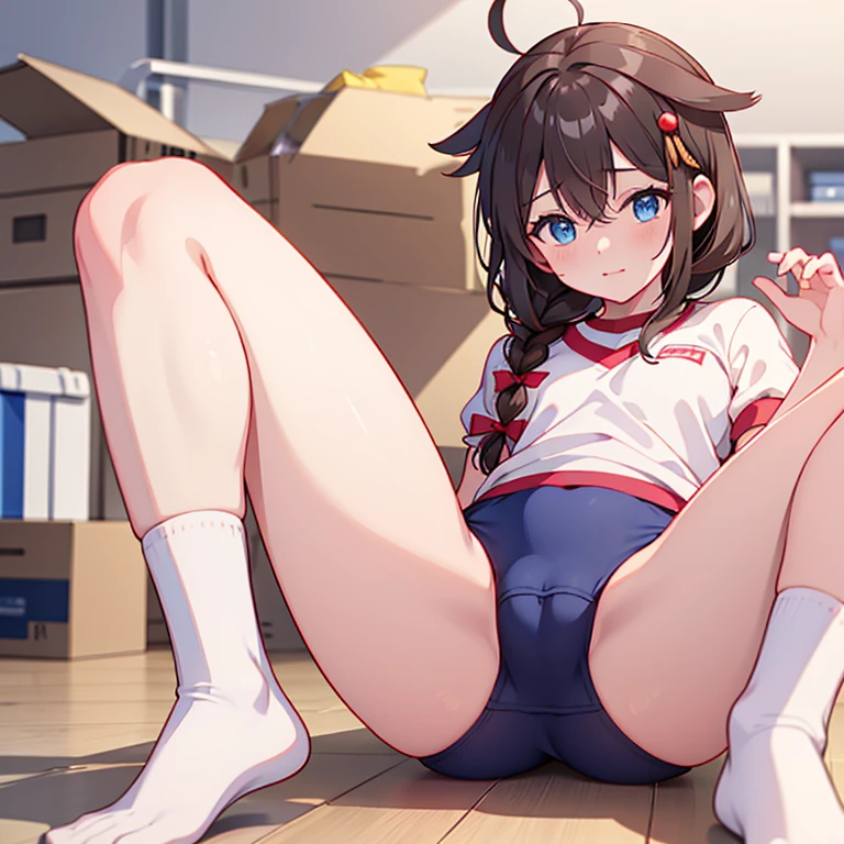 gym storeroom, shigure, ahoge, brown hair, blue eyes, braid, hair ornament, hair over shoulder, long hair, single braid, hair flaps, (masterpiece, best quality:1.2), illustration,8k,hd,long hair, single braid, white gym uniform, buruma