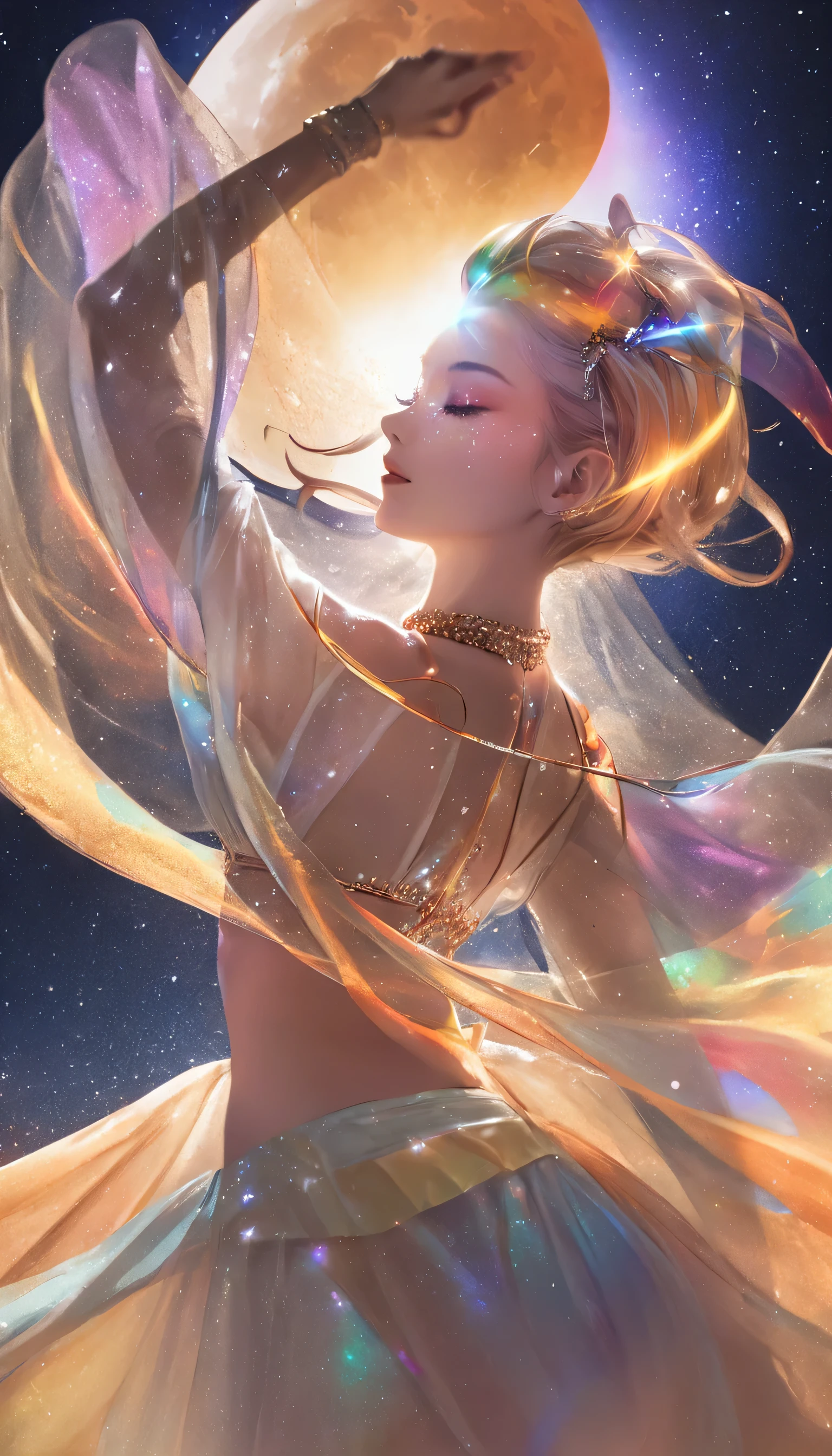 doubleexposure,1girl,dancer, (dancing), transparent dancer, translucent dancer,micro bikini,multi colored clothes, moon, starlight, party,upper body 