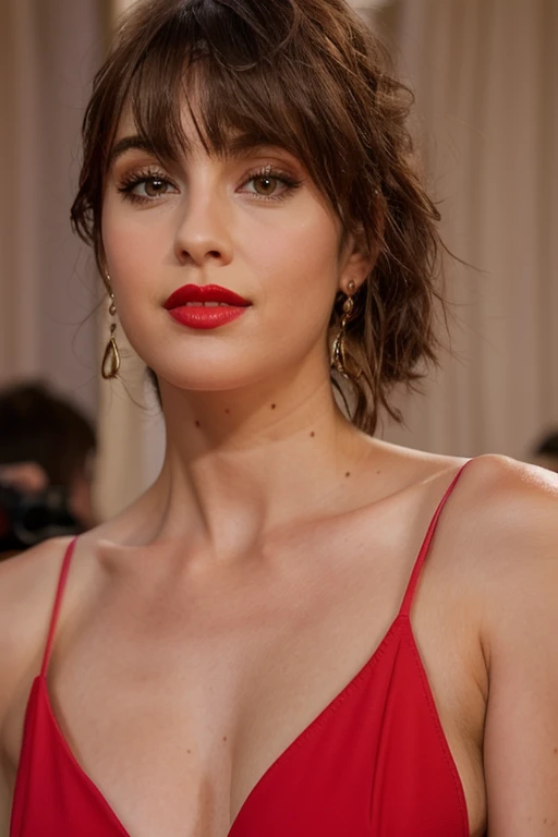 a close up of a woman in a pink dress with a red lipstick, ana de armas, curtain bangs, central parted fringe, girlboss, with a fringe, center parted bangs, smoldering, sexy gaze, center parted curtain bangs, ana de armas portrait, sexy lips :5 stylish, both have red lips, sultry smirk