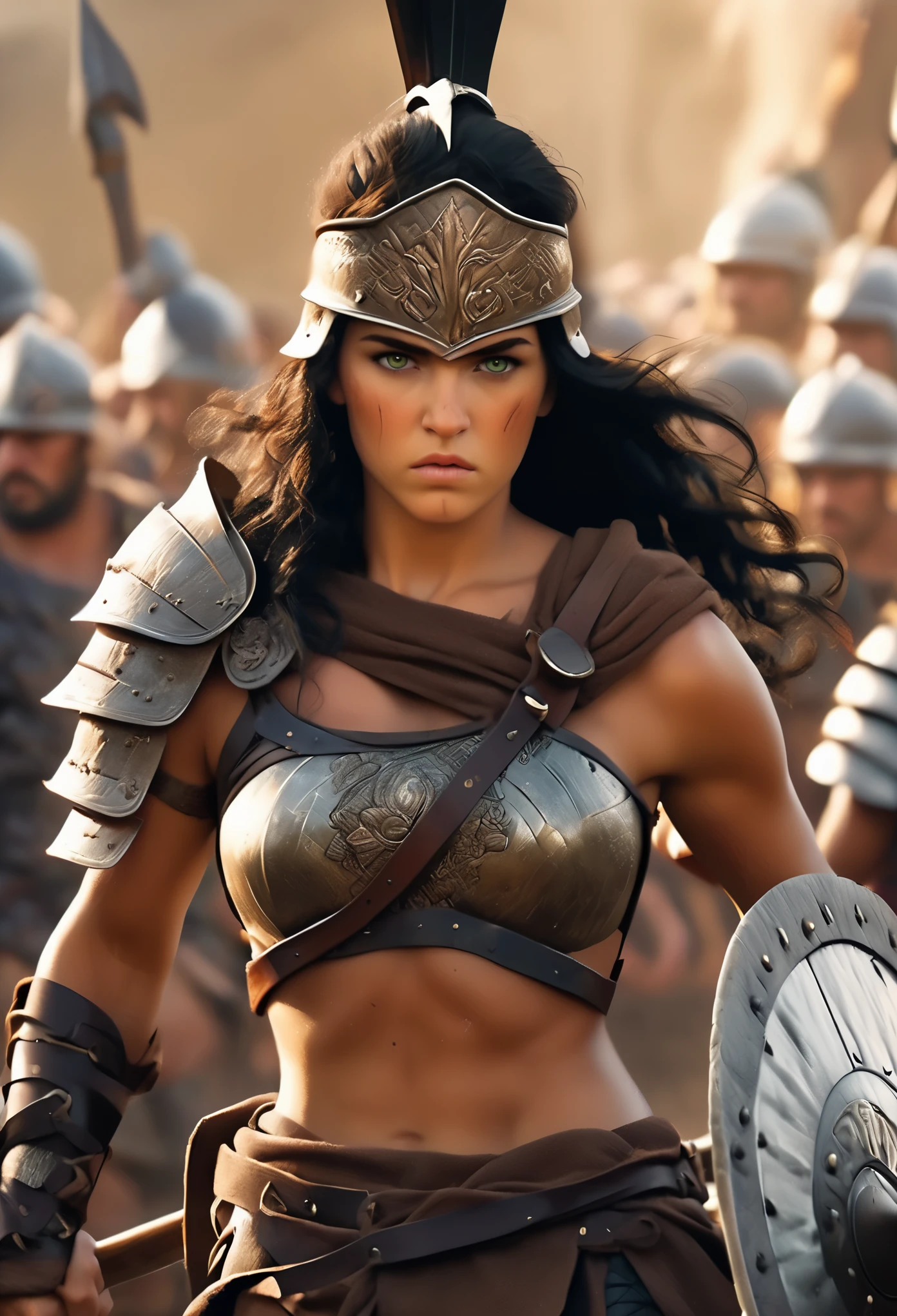 (masterpiece, high quality, best quality), beautiful, hd, realistic, perfect lighting, detailed face, detailed body, 1 girl, solo, black hair, green eyes, long black hair, brown and worn leather clothing gladiator style: 1.4), leather breastplate, 1 wooden spear in hands, war battle background, gladiator style, fit woman, robust, angry look