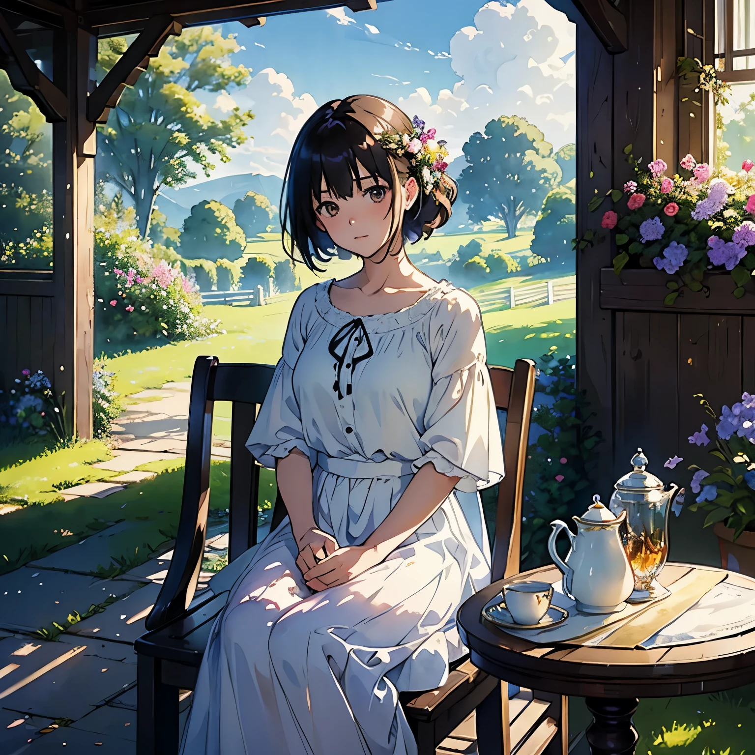(highest quality、masterpiece、High resolution)、(Sargent style watercolor)、(anime art)、soft light、Cotswolds view、old farmhouse、flowers bloom、((two women))、((1 person sitting))、((The other one is standing))、medium short hair、dark brown hair、braided hair、White blouse and long skirt、picnic、table、Tea set、drink tea、cinematic light、soft sunlight、blur the background、