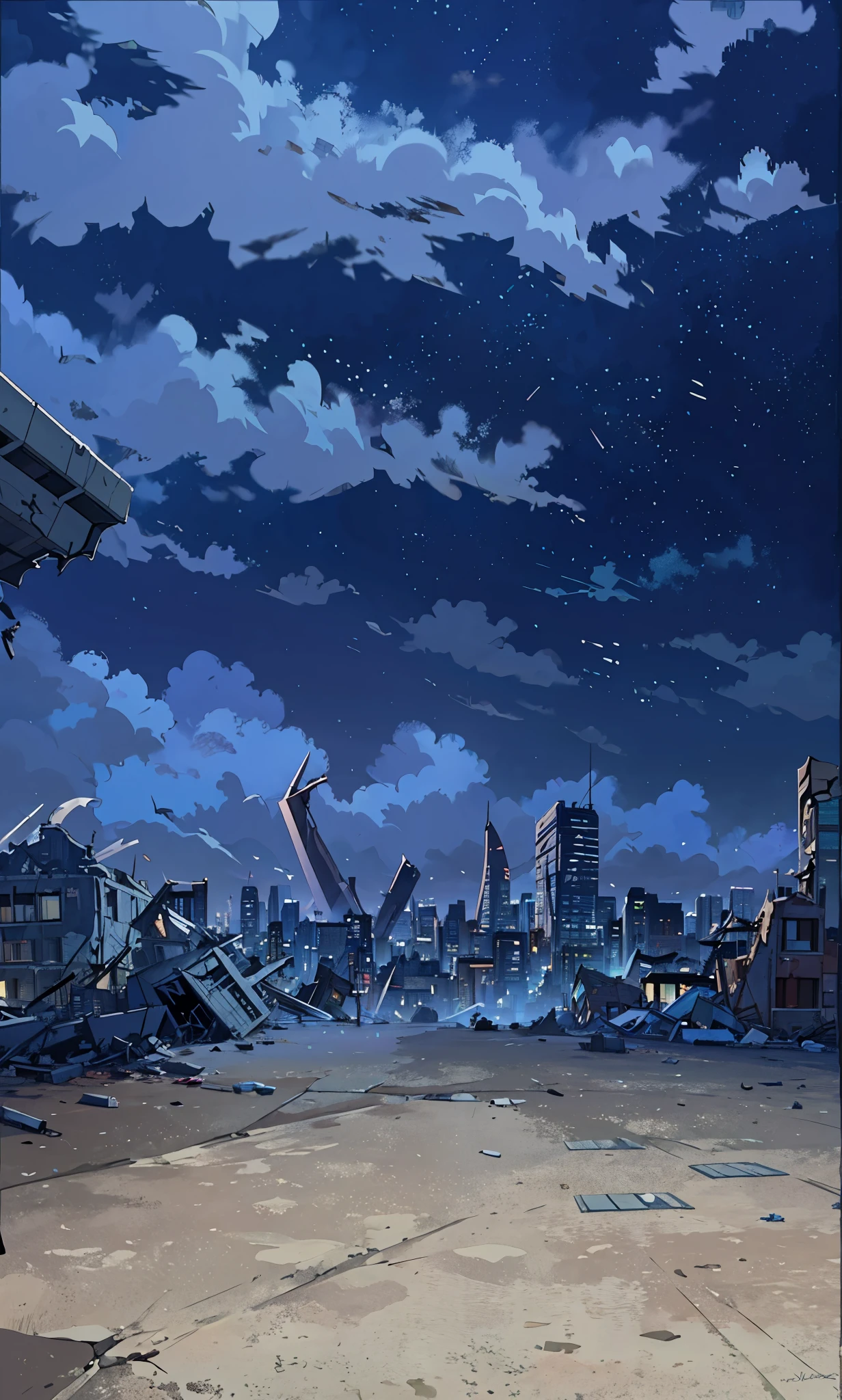 anime scene of a destroyed city with a plane in the sky, background is a city in ruins, ruined city in the background, ruined city in background, cityscape ruins in the distance, city ruins in the background, destroyed city in the background, ruins in the background, city ruins background, anime background art, anime scenery concept art, anime background