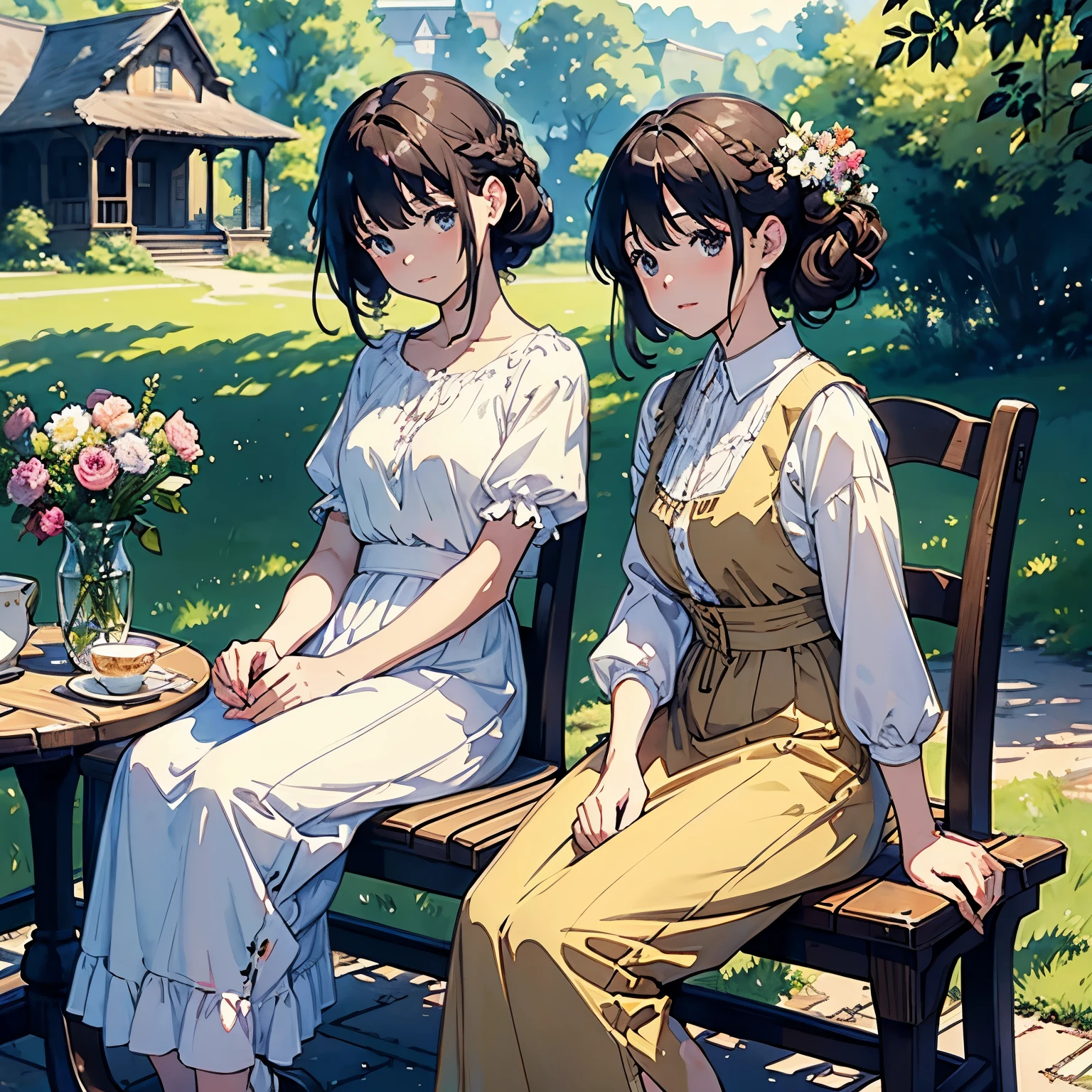 (highest quality、masterpiece、High resolution)、(Sargent style watercolor)、(anime art)、soft light、Cotswolds view、old farmhouse、flowers bloom、((two women))、((1 person sitting))、((The other one is standing))、medium short hair、dark brown hair、braided hair、White blouse and long skirt、picnic、table、Tea set、drink tea、cinematic light、soft sunlight、blur the background、