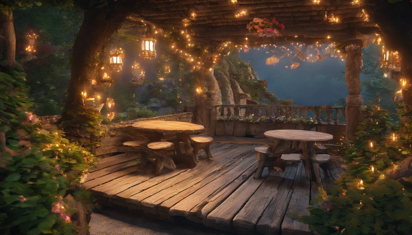 midnight, The terrace of the fairy house, the terrace is made of natural materials, and a lot of wood and stone are used to create a warm atmosphere in harmony with nature, doors and windows leading from inside the house are installed to allow free access between the terrace and inside, many plants and flowers are placed on the terrace, comfortable chairs and hammocks are placed to relax while unwinding, and tables and benches are also installed, One-person viewpoint, Super Detail, high details, High quality, 8K
