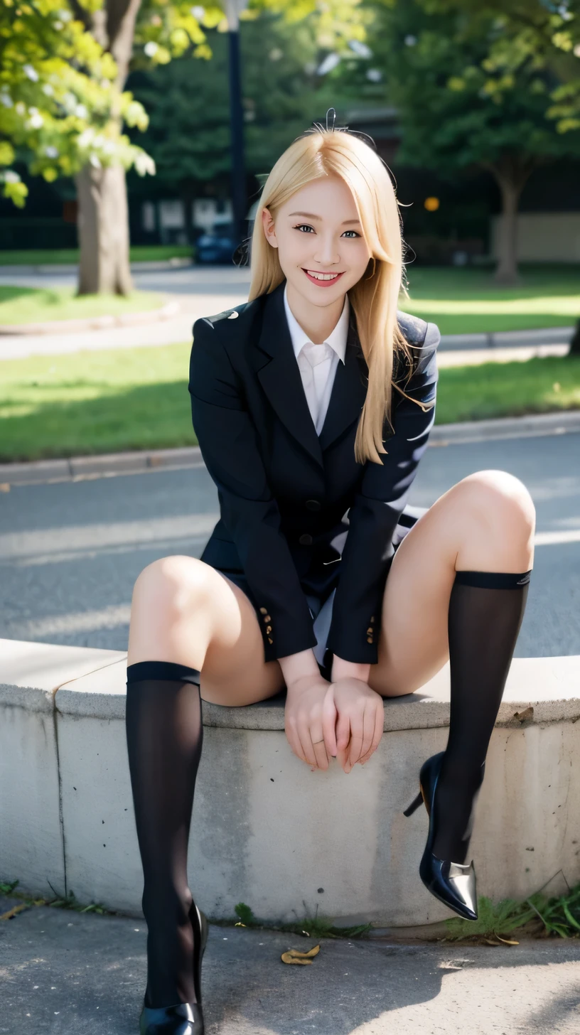 best quality, full body portrait, delicate face,very cute and pretty face, 22 years old woman, slim body, , OL uniform, office uniform, black stockings, outdoor scene, Sitting position, spread legs, blonde hair, happy smile