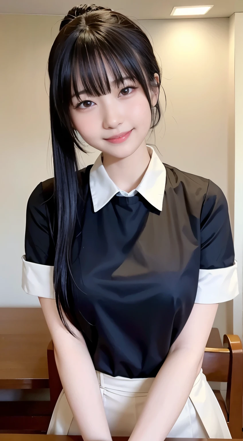 (highest quality,masterpiece:1.3,ultra high resolution,),(Super detailed,caustics),(Photoreal:1.4,RAW shooting,)ultra-realistic capture,very detailed,High resolution 16K human skin close-up。 natural skin texture、,The pores are、、、、Must be detailed enough to be easily identified。 Skin should look even-toned and healthy。 Use natural light and color,restaurant,waitress uniform,1 girl,Japanese,18-year-old,cute,black haired,ponytail,big breasts,smile,turn your body forward,(Front view:1.1),look at the camera,cowboy shot,