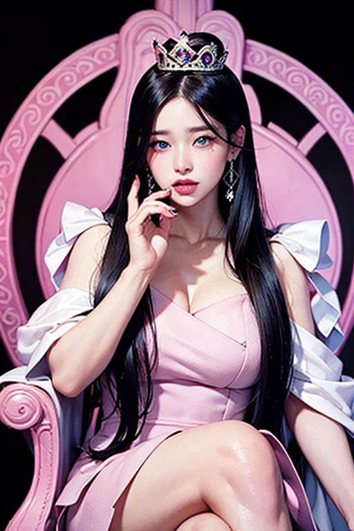 A queen sitting on the throne,pink lips,sky blue eyes,very very long black hair,light skinned,a tear rolling down her cheek.perfect nose and heart shaped lips
