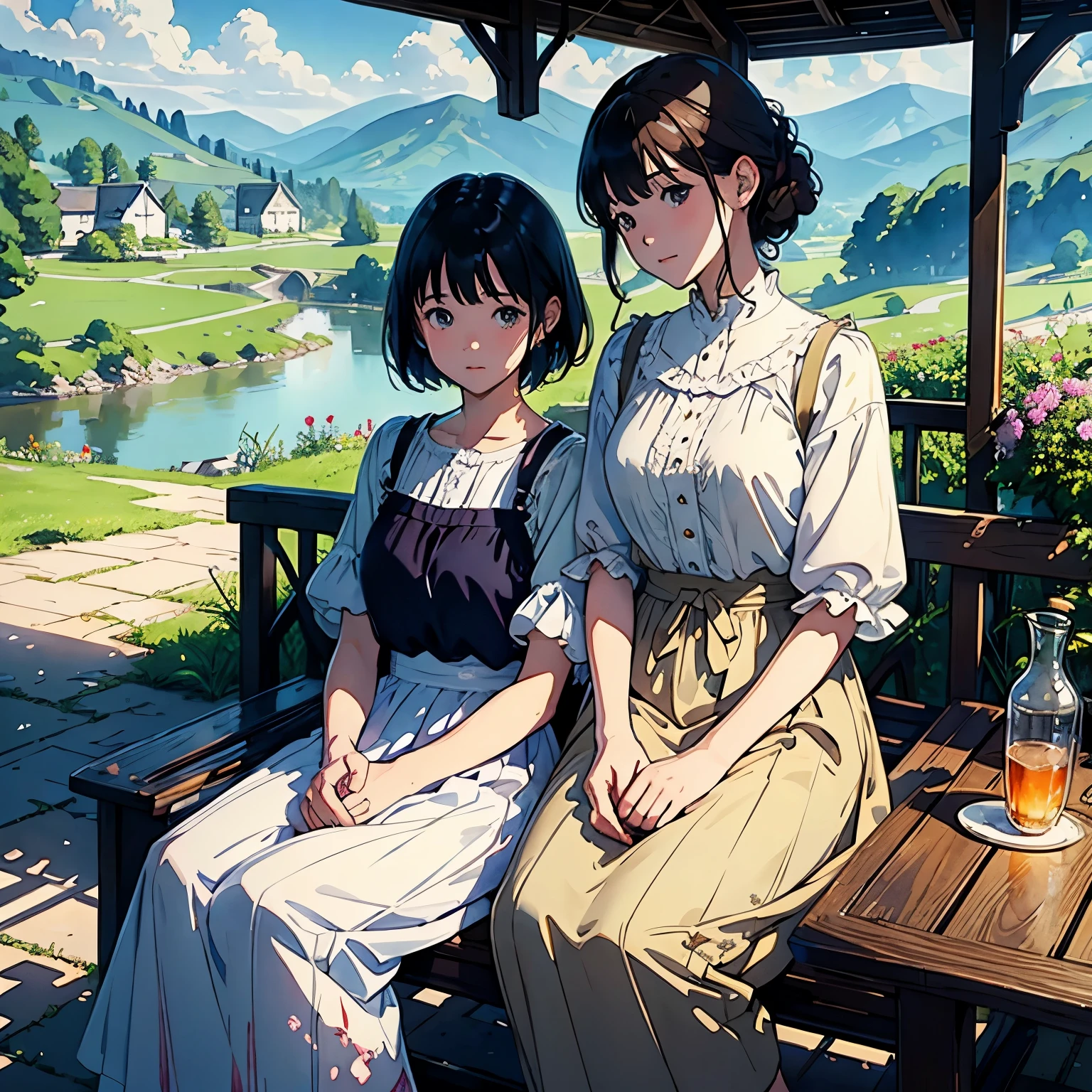 (highest quality、masterpiece、High resolution)、(Sargent style watercolor)、(anime art)、soft light、Cotswolds view、old farmhouse、flowers bloom、((two women))、((The two are sitting close together))、medium short hair、dark brown hair、braided hair、White blouse and long skirt、picnic、table、Tea set、cinematic light、soft sunlight、lake、Beautiful mountain range in the background、blur the background、