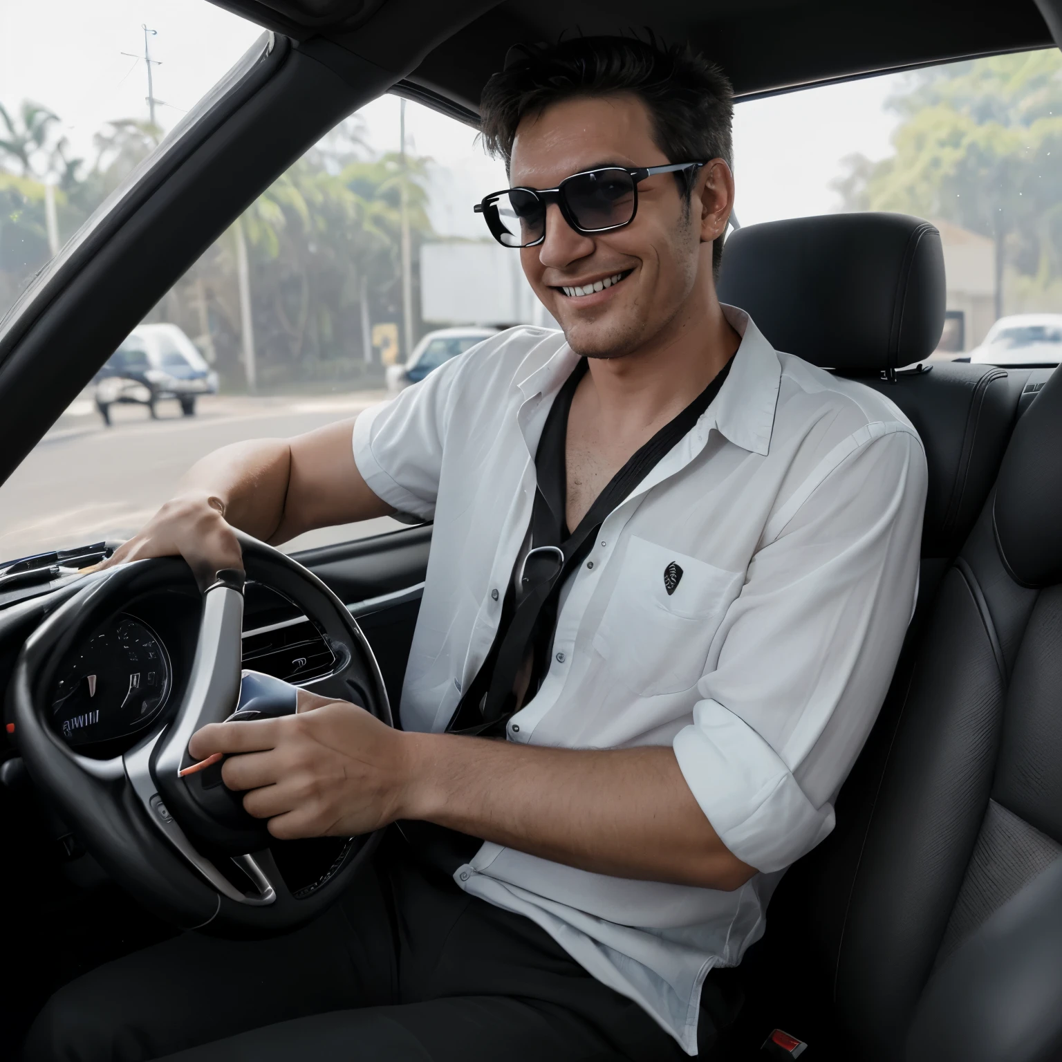 Homem branco , He is wearing dark glasses and a black white shirt. He is sitting in the seat of his car looking straight ahead smiling with both hands on the steering wheel