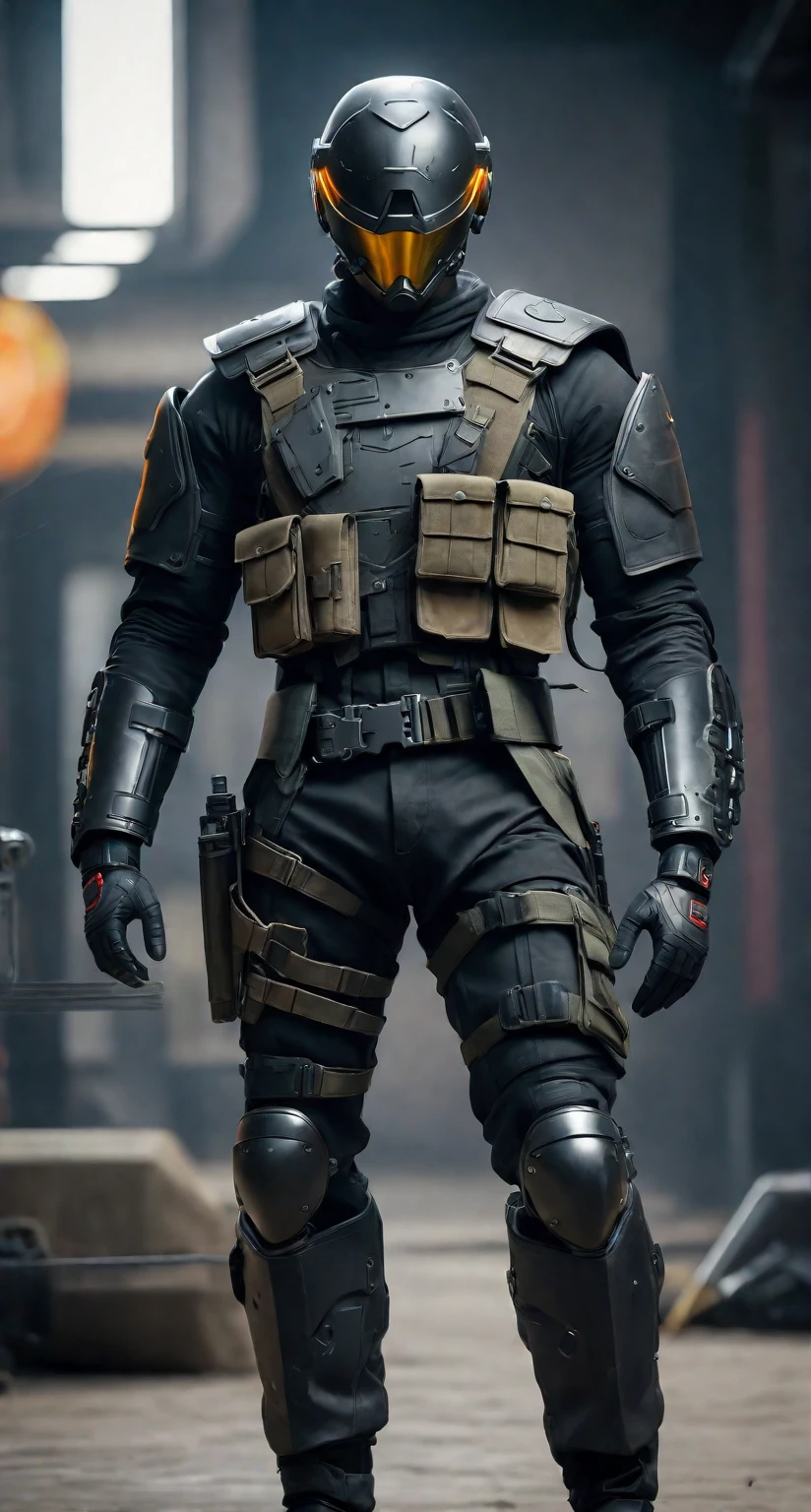 ((Best Quality)), ((Masterpiece)), (Very detailed:1.3)(Cyberpunk:1.3),(Depth of Field) HDR (High Dynamic Range), Super Resolution, a man in a helmet dressed in tactical armor with a black cape on his back,Shoulder pads, Knee pads, Utility belt, three throwing knives holstered on his arm, Pistol holstered on his hand in a military base