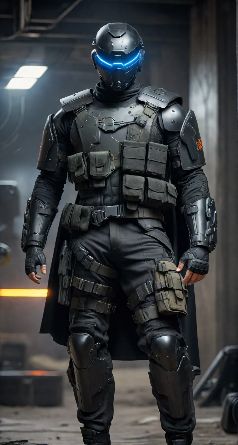 ((Best Quality)), ((Masterpiece)), (Very detailed:1.3)(Cyberpunk:1.3),(Depth of Field) HDR (High Dynamic Range), Super Resolution, a man in a helmet dressed in tactical armor with a black cape on his back,Shoulder pads, Knee pads, Utility belt, three throwing knives holstered on his arm, Pistol holstered on his hand in a military base