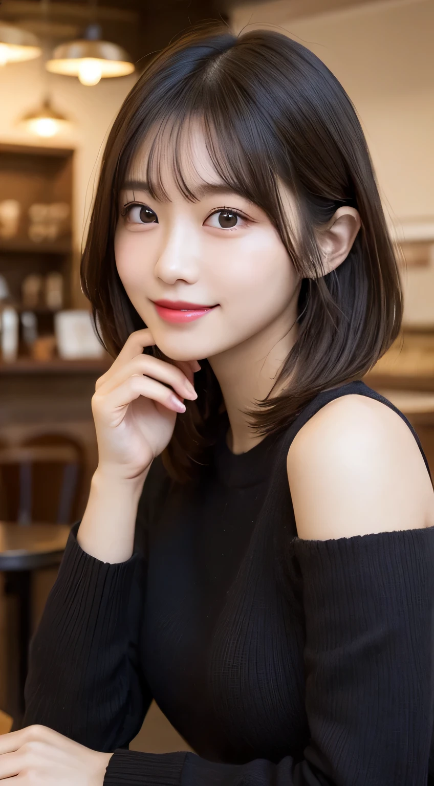 table top, highest quality, figure, Super detailed, small details, High resolution, 8k wallpaper, Perfect dynamic composition figure, detailed and beautiful eyes, long sleeve knit,shoulder extension,bob hair, middle of chest, natural color lips, random sexy poses,smile,20 year old girl,Huge ,coffee shop,bitter