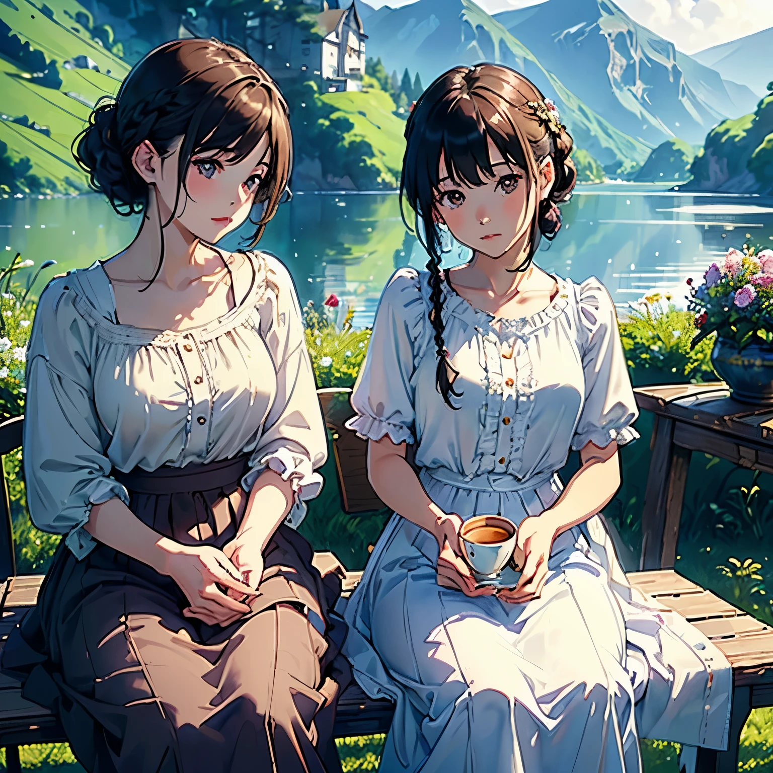 (highest quality、masterpiece、High resolution)、(Sargent style watercolor)、(anime art)、soft light、Cotswolds view、old farmhouse、flowers bloom、((two women))、((The two are sitting intimately holding handedium short hair、dark brown hair、braided hair、White blouse and long skirt、picnic、table、Tea set、cinematic light、soft sunlight、lake、Beautiful mountain range in the background、blur the background、