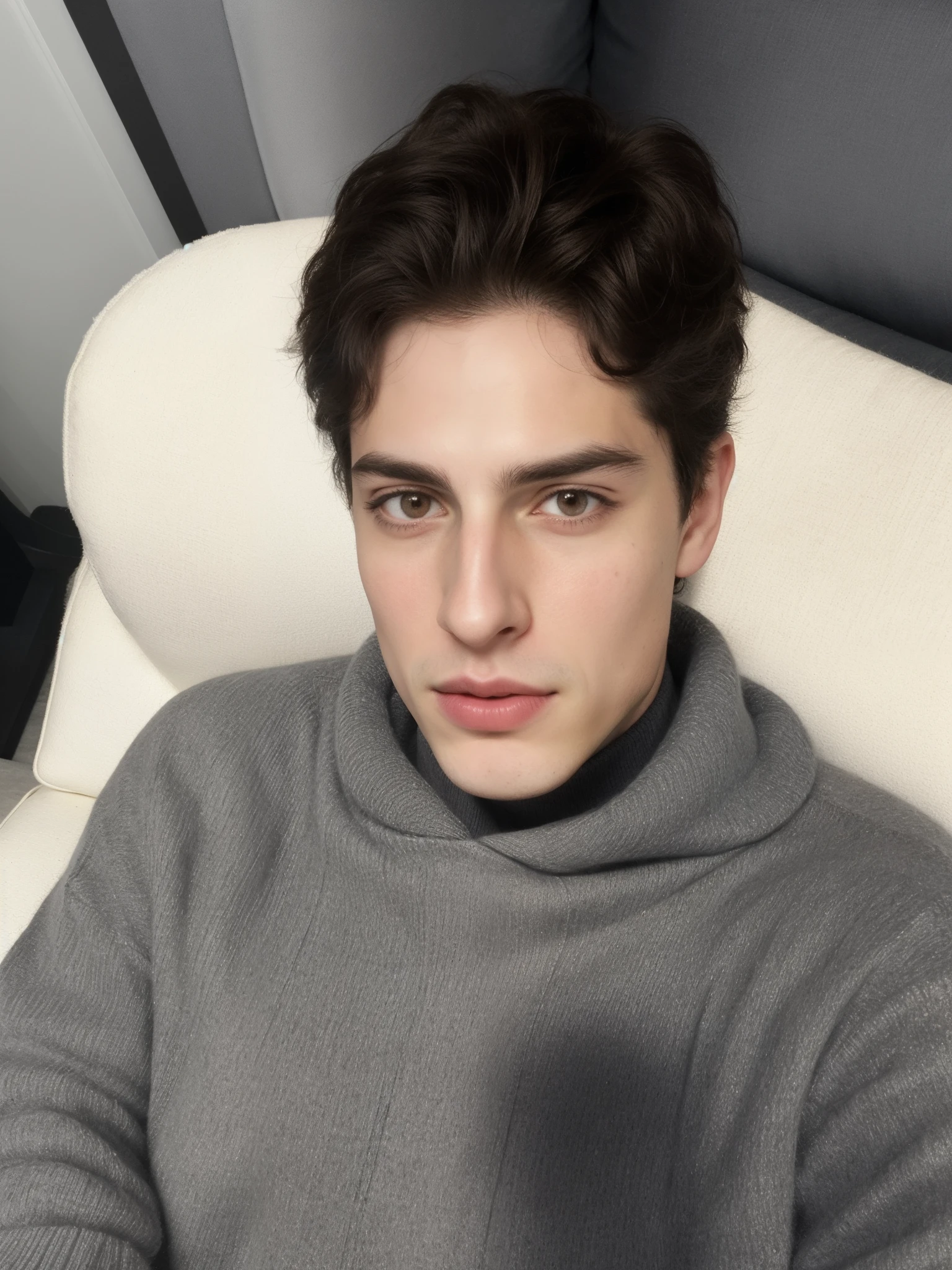 Arafed man in a gray sweater sitting on a white sofa, pablo atreides, beautiful androgynous prince, he is wearing a brown sweater, timothy chalamet, hermoso rostro, julian ope, taken in the early 2020s, hermoso rostro and beautiful face, raphael personnaz, perfect hermoso rostro, delicate androgynous prince