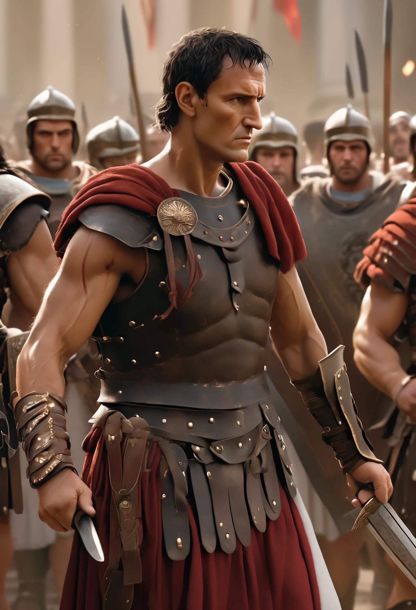(masterpiece, high quality, best quality), Visualize Julius Caesar surrounded by Roman senators, with one of them holding a dagger.
, hd, realistic, perfect lighting, detailed face, detailed body, men, solo, black hair, green eyes, long black hair, brown and worn leather clothing gladiator style: 1.4), leather breastplate, gladiator style, fit men, robust, angry look