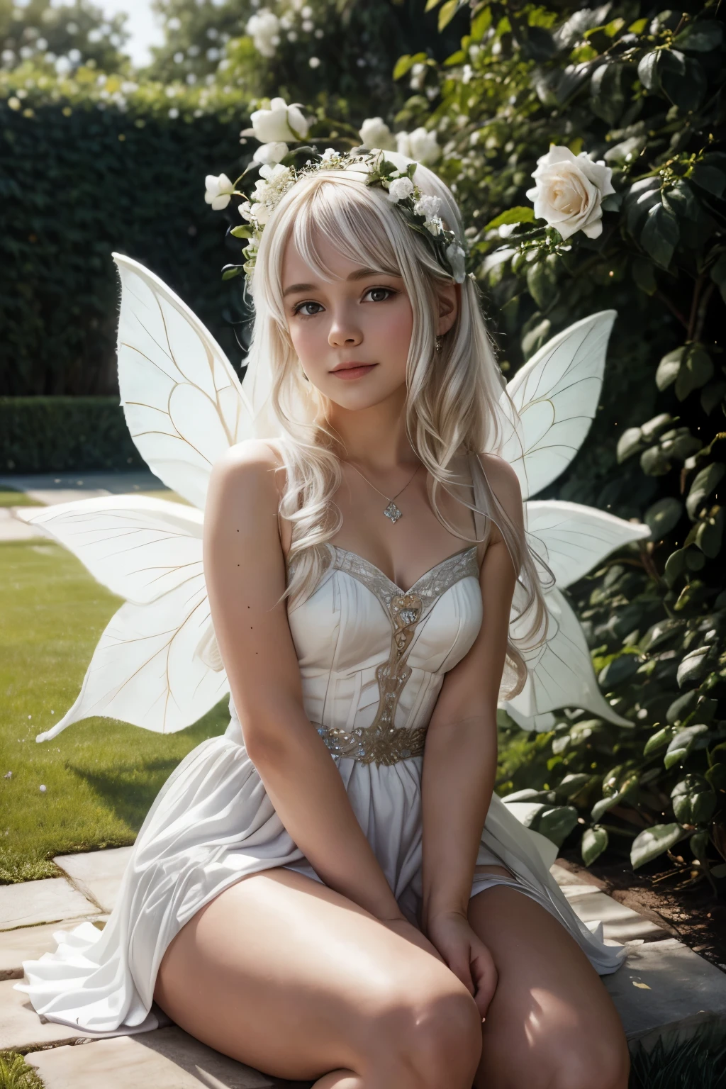 a ultra cute mythical fairy sitting inside of a ultra white rose bud, white rose garden, white rose, white mock orange bush, in a garden, 8k