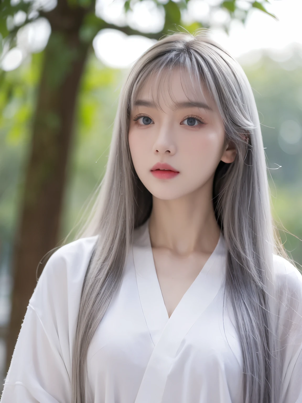 tmasterpiece, Best quality at best, natta, Outdoor sports, rainy days, Branch, china idol, Ancient China, 1 woman, Mature woman, Silver white long haired woman, grey blue eyes, light pink lips, Cold, Serious, Weak, through bangs, assassins, short knife, white clothes, Black clothing pattern, blood stain, bloods, wounded, blood in face, There are blood stains on his clothes, Sateen, delicated face, delicated face,