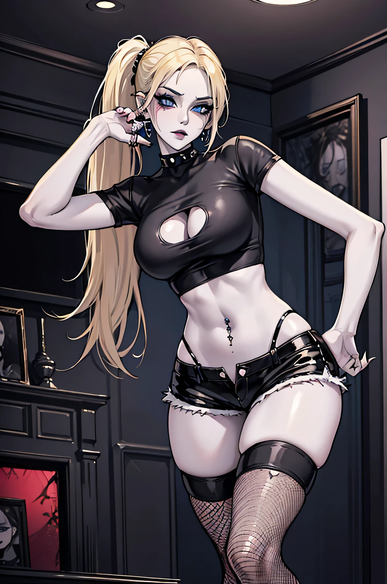 Goth woman, (goth makeup), (pale-skin), (a t-shirt and skinny mini shorts), (show under boobs), (fishnet stockings), (navel jewellery), (pierced ears), (pierced lips), blue eyes, long messy BLONDE hair, (living room background), thick thighs, medium breasts, (8K), (wallpaper), (dynamic lighting), (detailed face and eyes:1.2)