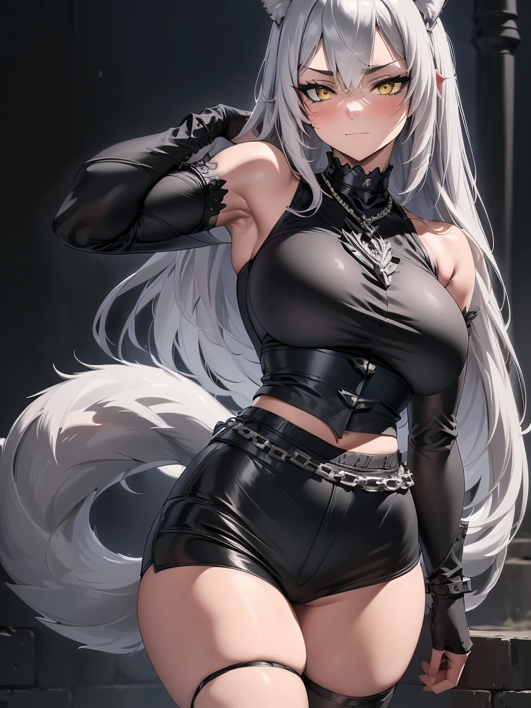 8K, Full body portrait, single young woman, especially detailed face, masterpiece, wallpaper, highlydetailed face, ultra-detailed face, beautiful and aesthetic wolf tailed girl, athletic fit body, big breasts, curvy, long hair, gray-silver hair, a young wolf woman, wolf ears, cute wolf tail, long wolf tail, silver fur tail, wolf-like irises, beautiful, enchanting, bright yellow eyes, detailed eyes, ultra-detailed eyes, accurate eyes, detailed irises, correct body proportions, elegant, small vertical scar under right eye, small rosy lips, big breasts, slender elegant arms, pretty hands, detailed hands, charming, slight blush, smug smile, black edgpshorts with stylish metal chains and a black top, detached sleeves, light black armor, armored bike shorts, two piece outfit, black armored fur cloack, black metal armor, bare off shoulders, toned abs, exposed belly, standing pose, hands on hips pose, cute pose, black silk thighigh on the left leg, sole girl