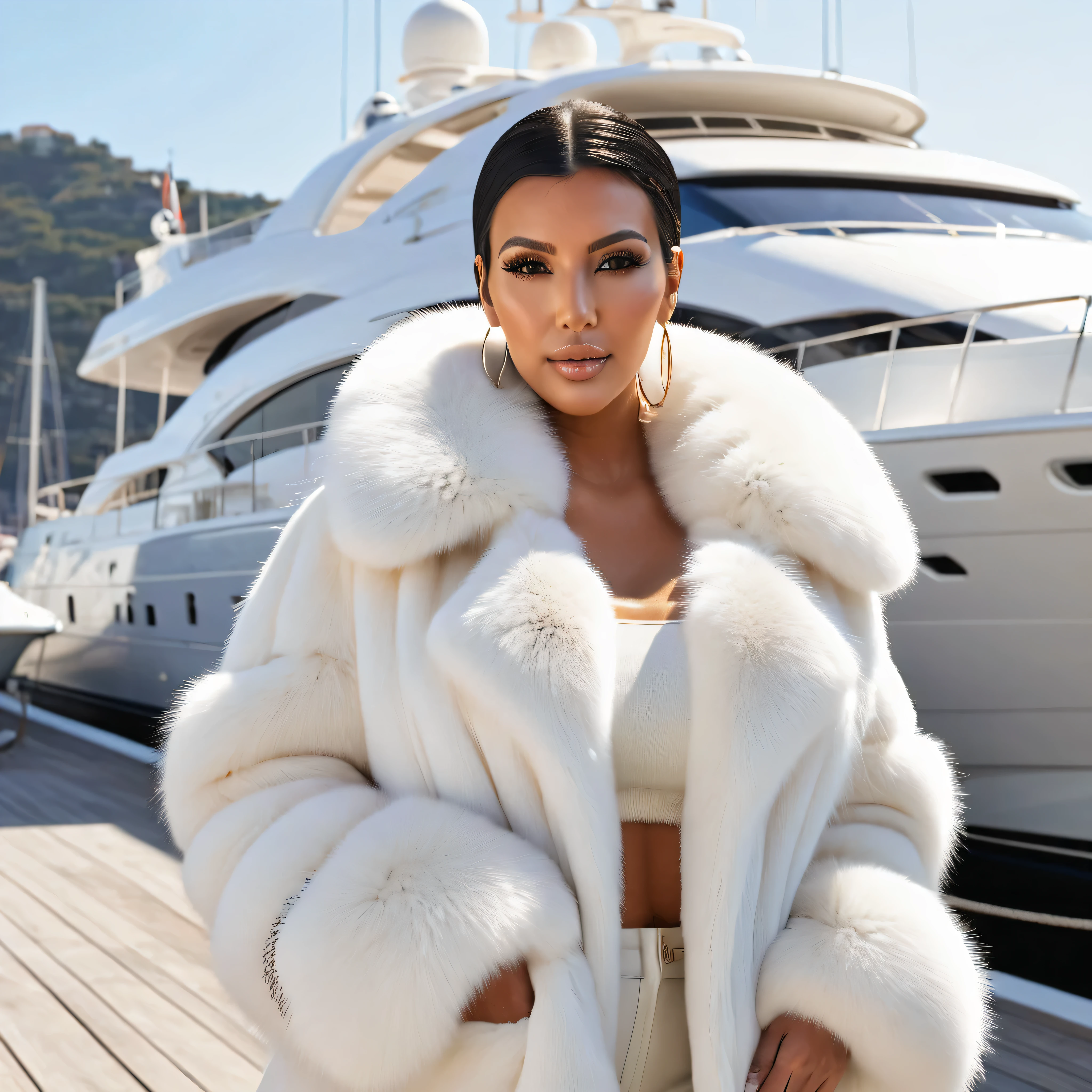A very wide and very thick, very short white fox fur coat, fifty centimeters thick, duveteux, naturel, with an ultra thick white and sand mink fur collar, three layers, sur Kim Kardashian, fully nude front view, bare shoulders, and two large breast discovered by the fur, at sunny , yacht de luxe, port de Monaco , en haute résolution de la plus high quality、,Photo 8K HDR), Realistic texture, realistic shadows,