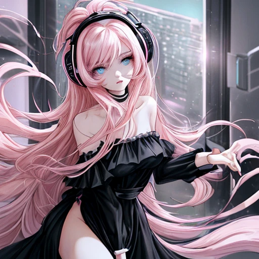 A glamorous woman with light pink straight hair and light blue eyes wearing headphones and a black off-the-shoulder dress