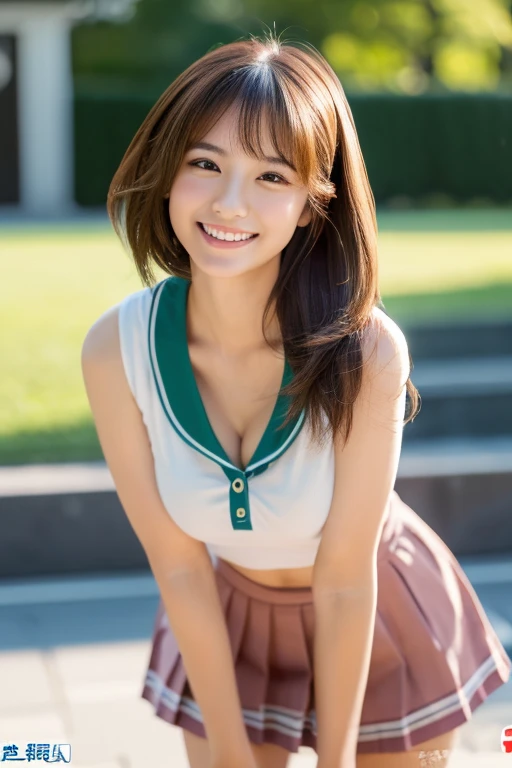 (masterpiece:1.3), (8K, Photoreal, Raw photo, best image quality: 1.4), Japanese female university student、(random hairstyle:1.2)、cleavage:1.2、super detail face、eye for details、double eyelid、chest to chest、sharp focus:1.2、Beautiful woman:1.4、light brown hair、highest quality、masterpiece、超A high resolution、(Photoreal:1.4)、非常に詳細でプロフェッショナルな照明のsmile、thin、smile、short haired、Fatal position large breasts:1.3,cheerleader、mini skirt、court
