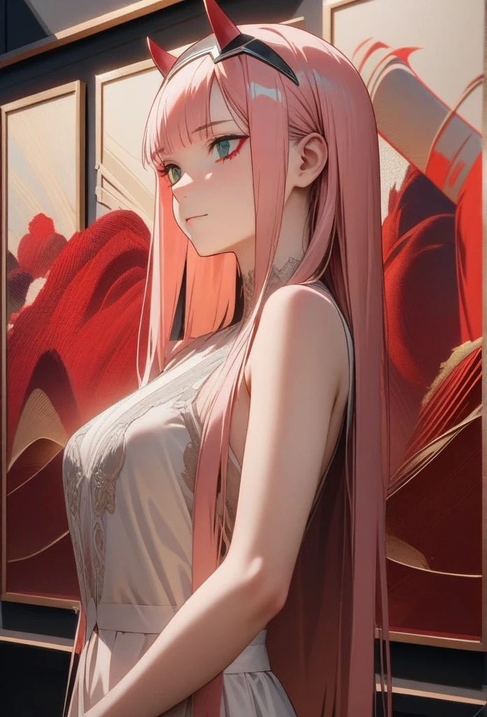 An anime girl, Zero Two, 002 from Darling in the Franxx, is depicted in this (best quality, 4k, 8k, highres, masterpiece:1.2), ultra-detailed art piece. The artwork is created in the Anime art style, which adds a touch of uniqueness to the portrait. The focus is solely on the one_girl, Zero Two, who has long hair adorned with beautiful detailed horns. Her hair is pink and cascades down her back, creating a visually stunning effect. She is seen wearing smooth pantyhose, which accentuates the curves of her legs. The artwork pays attention to every detail and highlights her enchanting smile and captivating gaze. Zero Two is wearing a delicate hairband that adds an elegant touch to her appearance.
In this artwork, Zero Two is portrayed in a solo pose, with her elegant arms either behind her head or raised gracefully. She has stylish bangs that beautifully frame her mesmerizing green eyes. Zero Two is dressed in an elegant dress, which complements her delicate features. Her facial expression includes a delicate closed mouth that exudes a sense of confidence.
The background is kept simple to allow the focus to remain on Zero Two. The artwork showcases the grace and elegance of Zero Two, with her captivating presence drawing all attention to her. The hues and tones are carefully selected to create a visually pleasing color palette.
The lighting in this artwork is meticulously crafted to bring out the details in Zero Two's features. The studio lighting enhances the realistic and photorealistic aspects of the artwork, making it a true masterpiece. The choice of lighting adds depth and dimension to the overall composition.
The art piece portrays Zero Two in a confident standing pose, exuding elegance and poise. She exudes a sense of strength and charisma that is reflected in her posture and expression. Her fiery red horns add a touch of uniqueness and complement her exquisite lingerie, which is both breathtaking and alluring. Zero Two's cascading very long hair is straigh