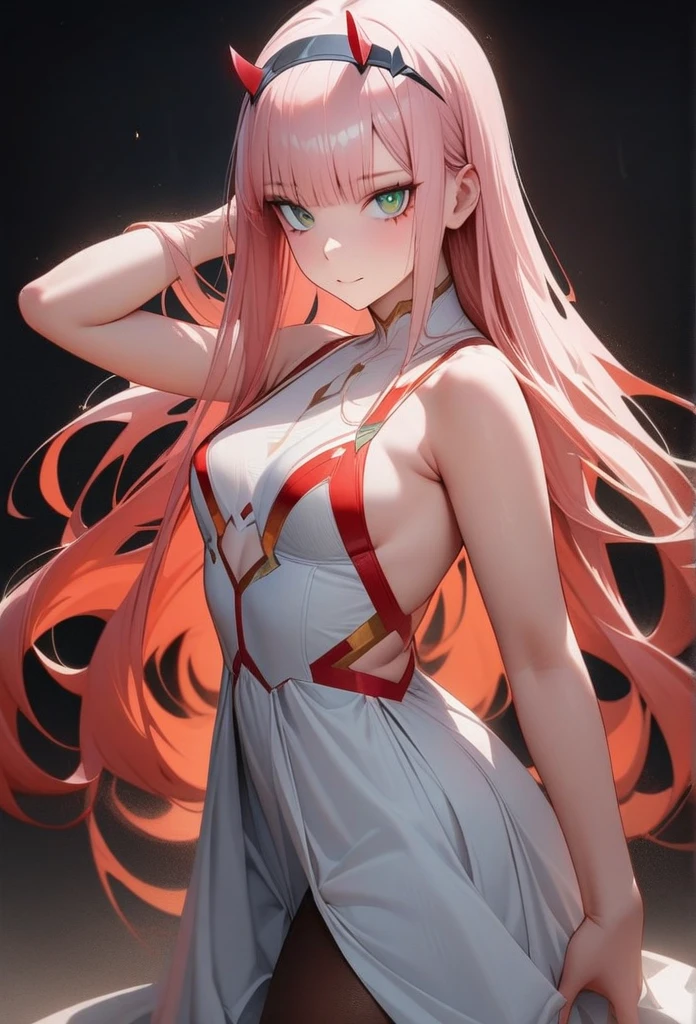 An anime girl, Zero Two, 002 from Darling in the Franxx, is depicted in this (best quality, 4k, 8k, highres, masterpiece:1.2), ultra-detailed art piece. The artwork is created in the Anime art style, which adds a touch of uniqueness to the portrait. The focus is solely on the one_girl, Zero Two, who has long hair adorned with beautiful detailed horns. Her hair is pink and cascades down her back, creating a visually stunning effect. She is seen wearing smooth pantyhose, which accentuates the curves of her legs. The artwork pays attention to every detail and highlights her enchanting smile and captivating gaze. Zero Two is wearing a delicate hairband that adds an elegant touch to her appearance.

In this artwork, Zero Two is portrayed in a solo pose, with her elegant arms either behind her head or raised gracefully. She has stylish bangs that beautifully frame her mesmerizing green eyes. Zero Two is dressed in an elegant dress, which complements her delicate features. Her facial expression includes a delicate closed mouth that exudes a sense of confidence.

The background is kept simple to allow the focus to remain on Zero Two. The artwork showcases the grace and elegance of Zero Two, with her captivating presence drawing all attention to her. The hues and tones are carefully selected to create a visually pleasing color palette.

The lighting in this artwork is meticulously crafted to bring out the details in Zero Two's features. The studio lighting enhances the realistic and photorealistic aspects of the artwork, making it a true masterpiece. The choice of lighting adds depth and dimension to the overall composition.

The art piece portrays Zero Two in a confident standing pose, exuding elegance and poise. She exudes a sense of strength and charisma that is reflected in her posture and expression. Her fiery red horns add a touch of uniqueness and complement her exquisite lingerie, which is both breathtaking and alluring. Zero Two's cascading very long hair is straigh