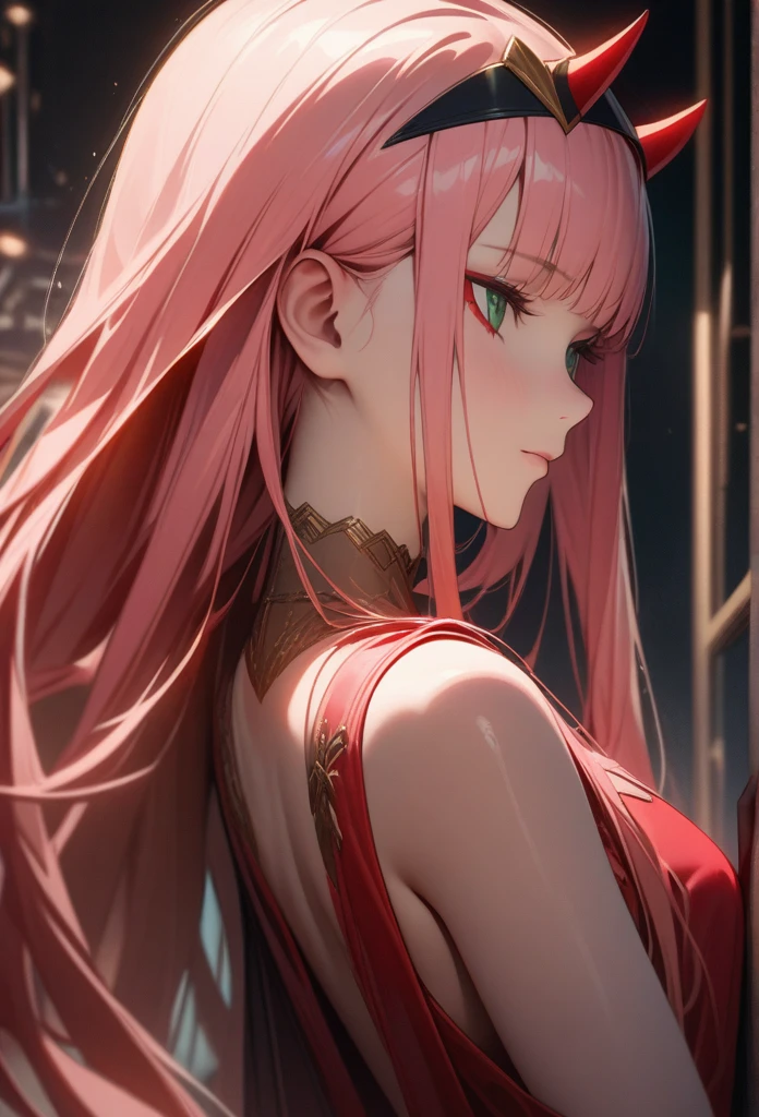 An anime girl, Zero Two, 002 from Darling in the Franxx, is depicted in this (best quality, 4k, 8k, highres, masterpiece:1.2), ultra-detailed art piece. The artwork is created in the Anime art style, which adds a touch of uniqueness to the portrait. The focus is solely on the one_girl, Zero Two, who has long hair adorned with beautiful detailed horns. Her hair is pink and cascades down her back, creating a visually stunning effect. She is seen wearing smooth pantyhose, which accentuates the curves of her legs. The artwork pays attention to every detail and highlights her enchanting smile and captivating gaze. Zero Two is wearing a delicate hairband that adds an elegant touch to her appearance.
In this artwork, Zero Two is portrayed in a solo pose, with her elegant arms either behind her head or raised gracefully. She has stylish bangs that beautifully frame her mesmerizing green eyes. Zero Two is dressed in an elegant dress, which complements her delicate features. Her facial expression includes a delicate closed mouth that exudes a sense of confidence.
The background is kept simple to allow the focus to remain on Zero Two. The artwork showcases the grace and elegance of Zero Two, with her captivating presence drawing all attention to her. The hues and tones are carefully selected to create a visually pleasing color palette.
The lighting in this artwork is meticulously crafted to bring out the details in Zero Two's features. The studio lighting enhances the realistic and photorealistic aspects of the artwork, making it a true masterpiece. The choice of lighting adds depth and dimension to the overall composition.
The art piece portrays Zero Two in a confident standing pose, exuding elegance and poise. She exudes a sense of strength and charisma that is reflected in her posture and expression. Her fiery red horns add a touch of uniqueness and complement her exquisite lingerie, which is both breathtaking and alluring. Zero Two's cascading very long hair is straigh