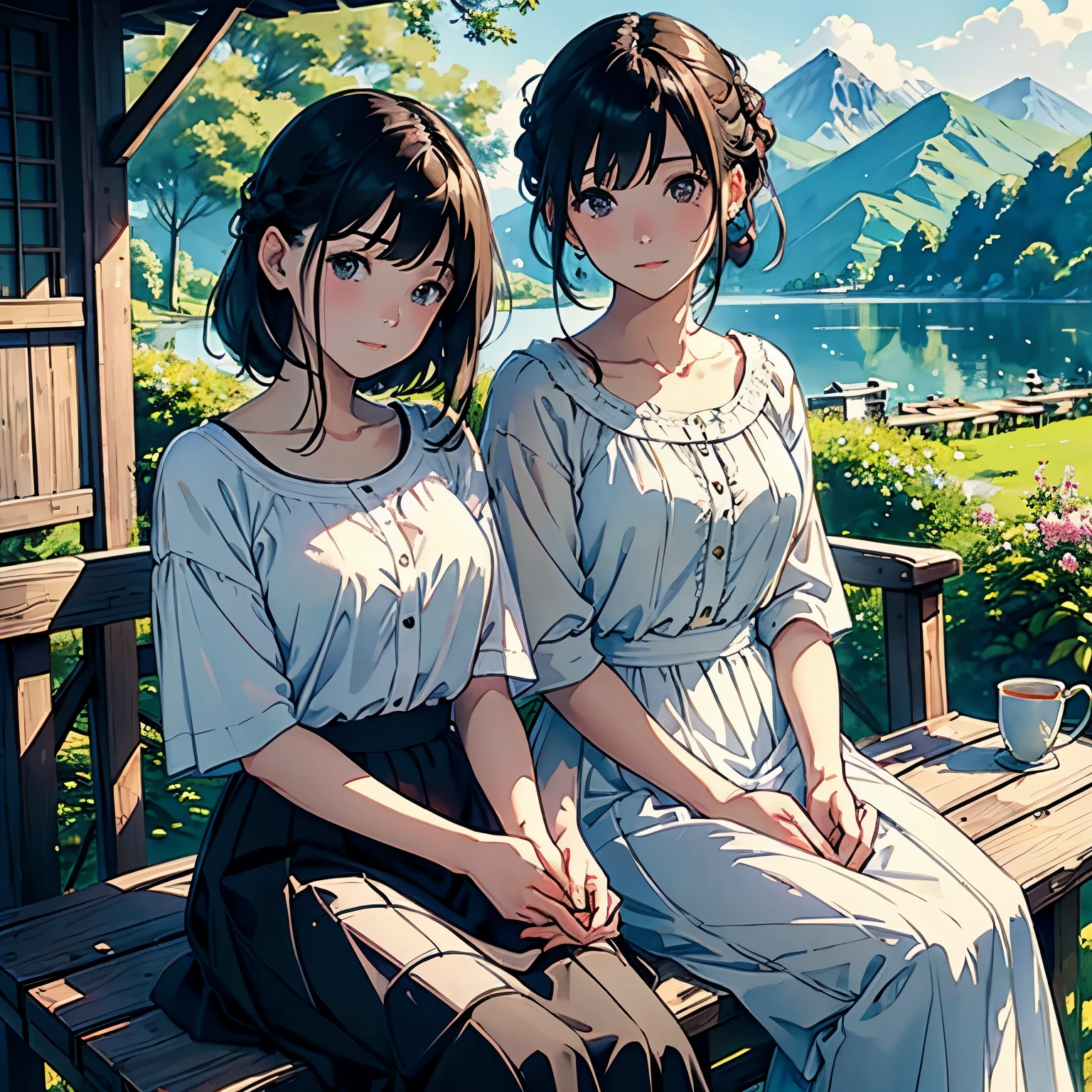 (highest quality、masterpiece、High resolution)、(Sargent style watercolor)、(anime art)、soft light、Cotswolds view、old farmhouse、flowers bloom、((two women))、((The two are sitting close together))、18-year-old、medium short hair、black hair、dark brown hair、braided hair、White blouse and long skirt、one piece、picnic、table、Tea set、cinematic light、soft sunlight、lake、Beautiful mountain range in the background、blur the background、