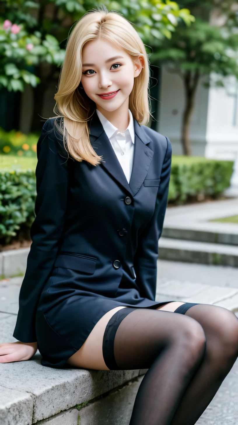 best quality, full body portrait, delicate face,very cute and pretty face, 22 years old woman, slim body, , OL uniform, office uniform, black stockings, outdoor scene, Sitting position, spread legs, blonde hair, happy smile