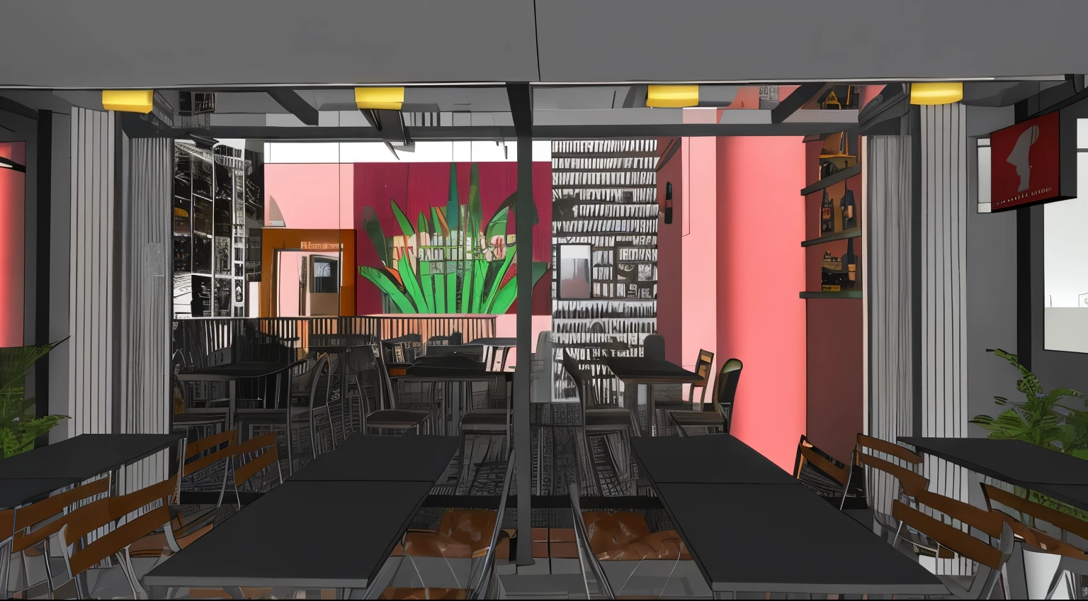 there is a rendering of a restaurant with tables and chairs, author:Matteo Perez, Bar illustration/lounge, author:Quang Dinh II, Inspired by Pedro Alvarez Castro, Inspired by Gregorio Presto Pino, rendering, author:Ramón Silva, 3d rendering, 3 d rendering, a digital rendering, Inspired by Juan Fernando Cobo