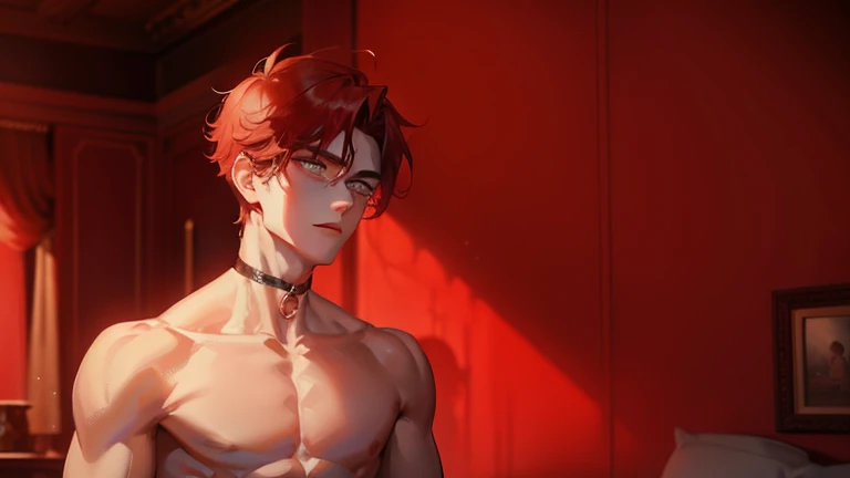 One boy, standing naked in the dimly lit bedroom with a red backdrop, sculpted six-pack abs glistening under the stark contrast of light and shadow, a choker adorned his neck, adding an alluring twist to his bareness.