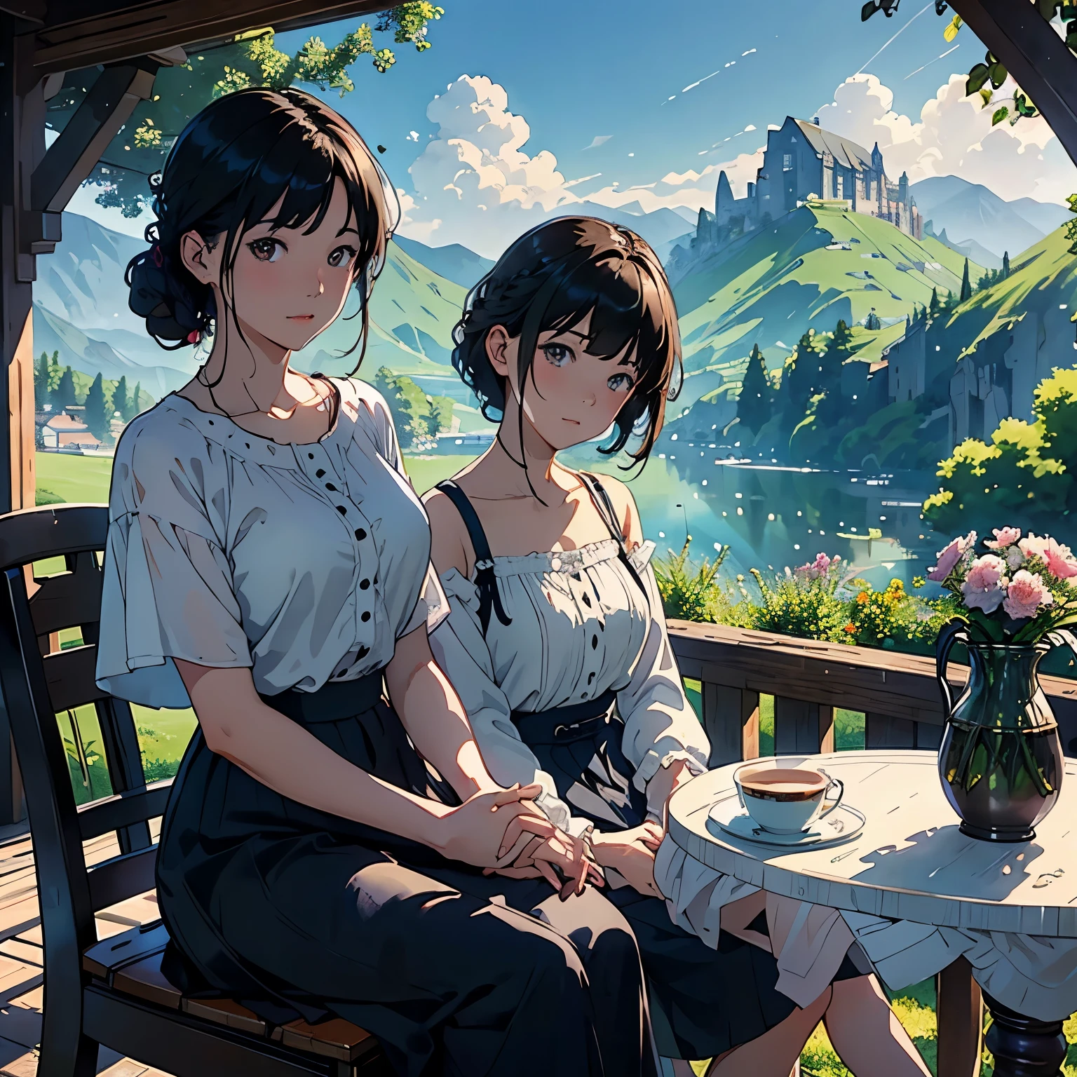 (highest quality、masterpiece、High resolution)、(Sargent style watercolor)、(anime art)、soft light、Cotswolds view、old farmhouse、flowers bloom、((two women))、((The two of them are close together、Alongside、Hand in hand、sitting))、medium short hair、black hair、dark brown hair、braided hair、White blouse and long skirt、one piece、picnic、table、Tea set、cinematic light、soft sunlight、lake、Beautiful mountain range in the background、blur the background、