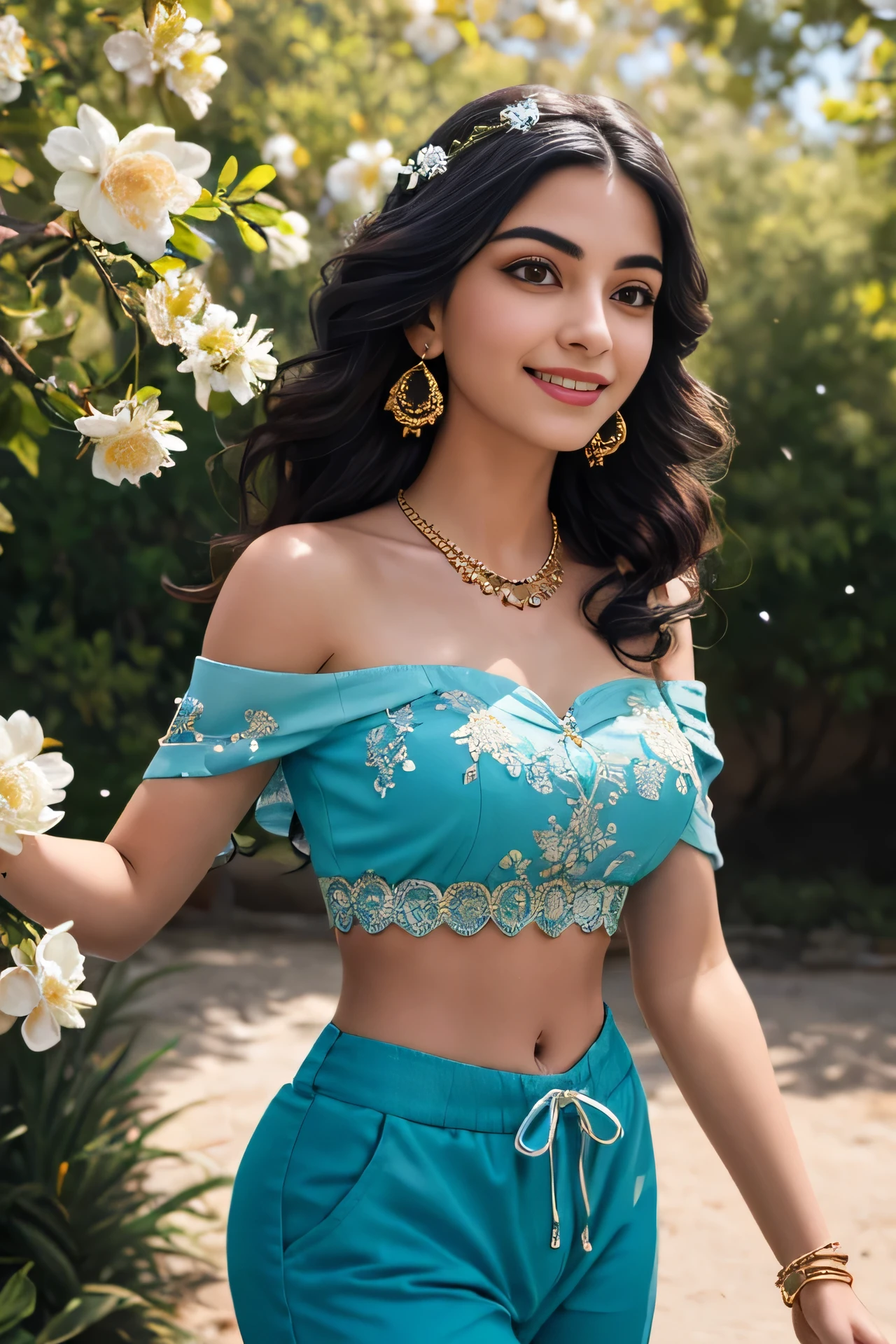 jasmine 1girl, solo, breasts, smile, closed mouth, navel, holding, bare shoulders, jewelry, flower, earrings, midriff, pants, necklace, off shoulder, bracelet, see-through, white flower, gem, off-shoulder shirt, holding flower, multi-tied hair, arabian clothes (realistic:1.2), (realism), (masterpiece:1.2), (best quality), (ultra detailed), (8k, 4k, intricate),(full-body-shot:1), (85mm),light particles, lighting, (highly detailed:1.2),(detailed face:1.2), (gradients), sfw, colorful,(detailed eyes:1.2)(detailed background),detailed landscape, (dynamic angle:1.2), (dynamic pose:1.2), (rule of third_composition:1.3), (Line of action:1.2)
