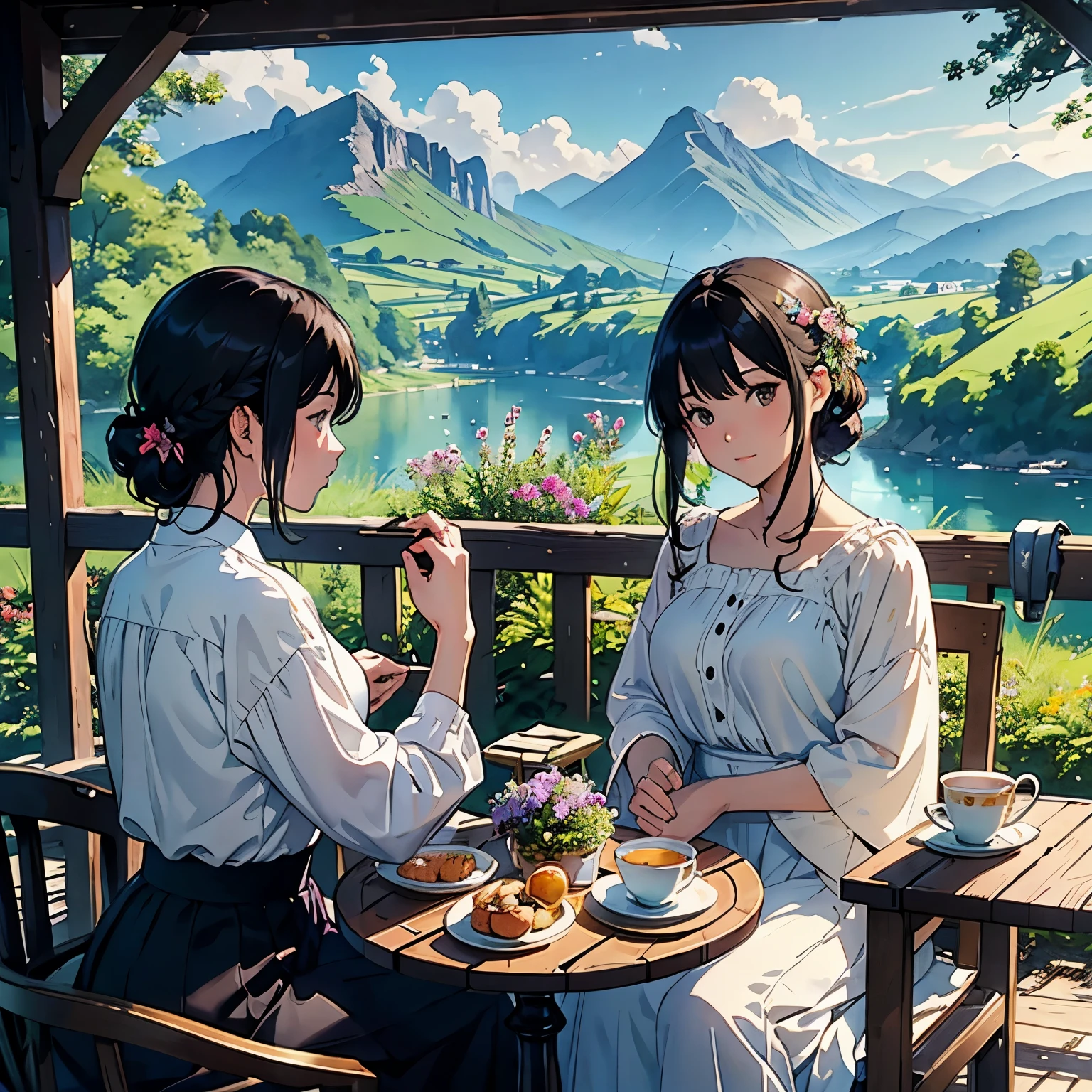 (highest quality、masterpiece、High resolution)、(Sargent style watercolor)、(anime art)、soft light、Cotswolds view、old farmhouse、flowers bloom、((two women))、((The two are sitting close together))、18-year-old、medium short hair、black hair、dark brown hair、braided hair、White blouse and long skirt、one piece、picnic、table、Tea set、cinematic light、soft sunlight、lake、Beautiful mountain range in the background、blur the background、