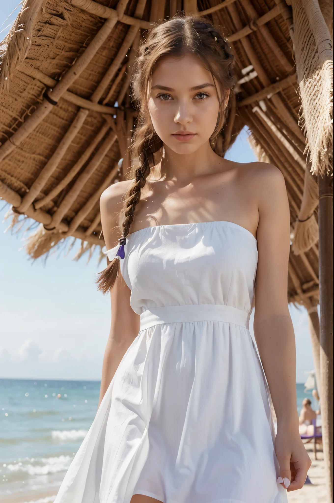 Arafed woman in a white dress standing on a beach - SeaArt AI