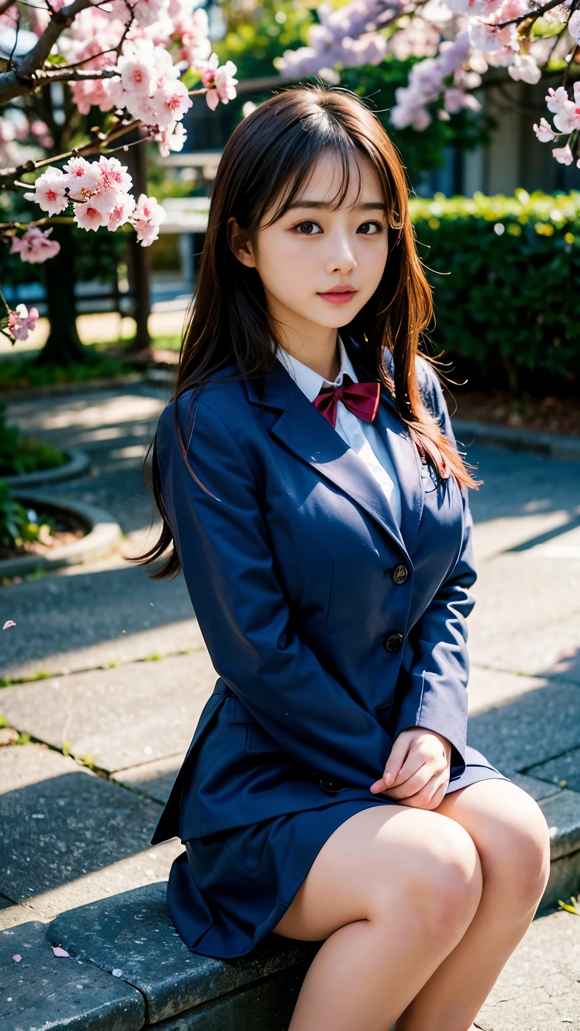 graduation ceremony、high school girl、uniform 、navy blue blazer、Cherry tree in full bloom、Cherry blossom confetti、perfect proportions、cute、(big breasts:1.2)、((18 year old female:1.2))、young adorable japanese face,official art,Highly detailed CG Unity 8K wallpaper,(masterpiece:1.0),(highest quality:1.0), 超A high resolution,4k,Super detailed, photo shoot, 8K, nffsw, High resolution, kodak portrait 400, film grain, lens flare glow,高いest quality,8K,nffsw:1.2),portrait shot,8K、View viewer