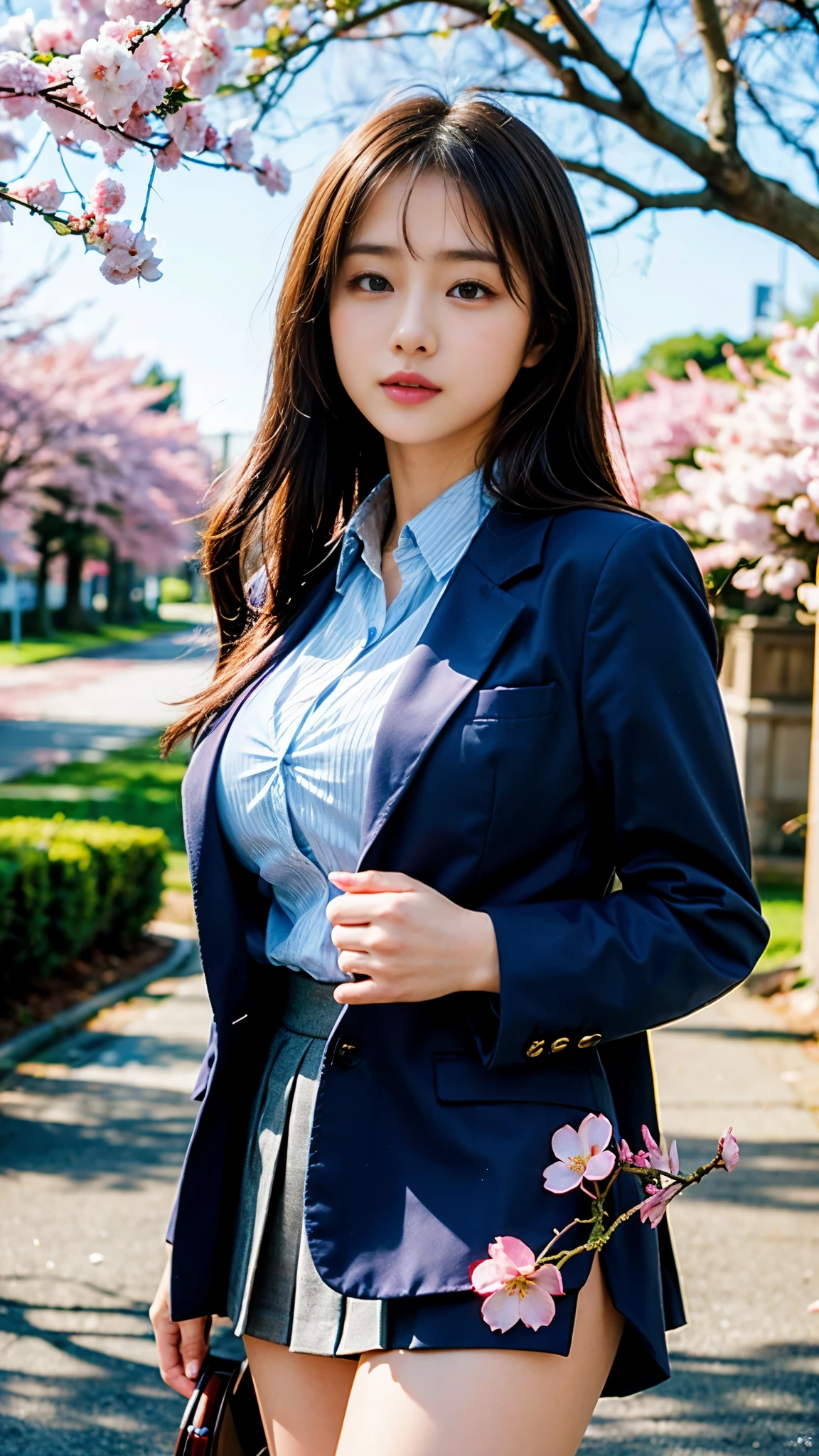 graduation ceremony、high school girl、uniform 、navy blue blazer、Cherry tree in full bloom、Cherry blossom confetti、perfect proportions、cute、(big breasts:1.2)、((18 year old female:1.ung adorable japanese face，official art，Highly detailed CG Unity 8K wallpaper，（masterpiece:1.0),(highest quality:1.0), 超A high resolution,4k,Super detailed, photo shoot, 8K, nffsw, High resolution, kodak portrait 400, film grain, lens flare glow,高いest quality,8K,nffsw:1.2),portrait shot,8K、View viewer