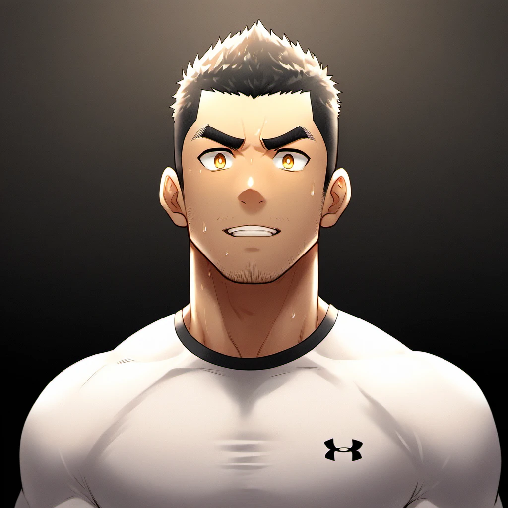 anime characters:Gyee, P.E. teacher, 1 young muscular man, male focus, Under Armour sports tight T-shirt, Slightly transparent, Sweat soaked tights, muscular male, muscular, only, Upper body, alone, Black short hair, Thick eyebrows, stubble, Yellow eyes, Black background, simple background, amazing quality, best aesthetics, Ridiculous, bright pupils, crew cut, parted lips, embarrassed, forced smile, best quality