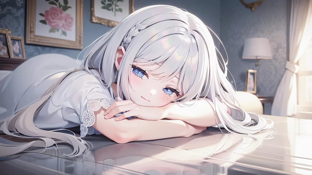 ((masterpiece, best quality))++, Detail lights+, detail hair+, Detail hand+ ,1 girl, long gray hair, dark blue eyes, beautiful eyes, Young gray hair,,(beautiful white hair:1.5),(beautiful eyes), high resolution+, , Glass tones, Reflective eyeanyery detail wallpaper, The original, ,Headband ,,single ponytail,,A girl sleeping at home,Wear a nightgown,closed eyes,Warm colors,the view of the city