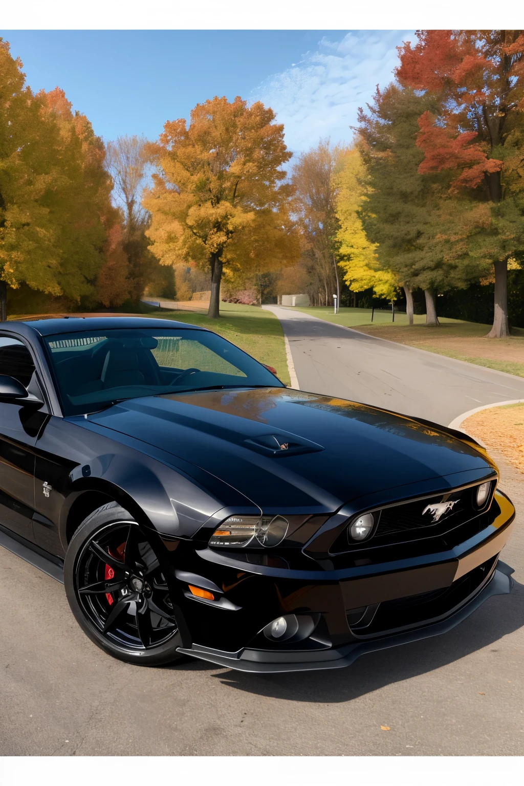 Imagine a 2013 S197 Mustang GT, sleek and menacing in black against the autumn backdrop. The glass windows tinted to the maximum, adding an air of mystery to the image. Every detail is meticulously captured in this high-specification shot: the glossy black paint, the intricately designed grille, and the subtly emblazoned Mustang emblem.
The image is taken from a distance, allowing the full view of the Mustang's powerful and well-proportioned body to be appreciated. The autumn leaves scatter the ground, their vibrant hues complementing the black Mustang. The crisp, cool autumn air is pal