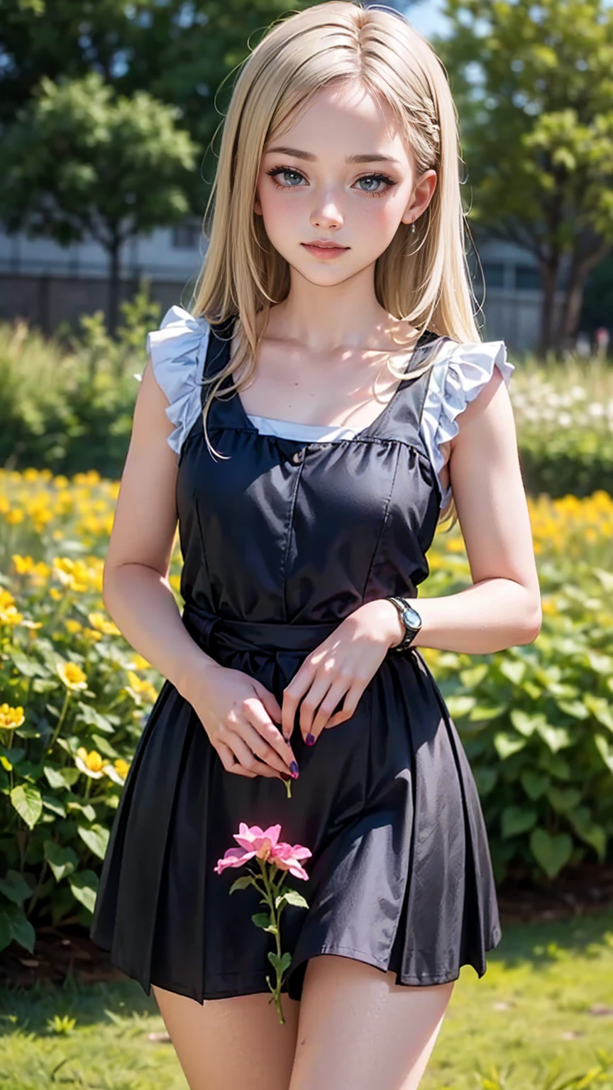 ((最high quality, 8K, masterpiece: 1.3, Ultra HD, high quality, 最high quality, High resolution, realism)) 、A 22-year-old extremely beautiful white woman、Her hair color is platinum blonde、blue eyes、medium hair、straight hair、The hair is shiny、The skin is lustrous、smile、Slender but well-proportioned muscular body、Athlete-like body type、I don't want my head to disappear from the screen.、Wearing accessories on your wrist、Wearing red nail polish、I have a peticure、English house with garden、gardening((Replanting floweraintenance))、anatomically correct、((anatomically correct))、Ultra high definition((UHD))、textured skin((textured skin))、very detailed((super detail))、high detail((high details))